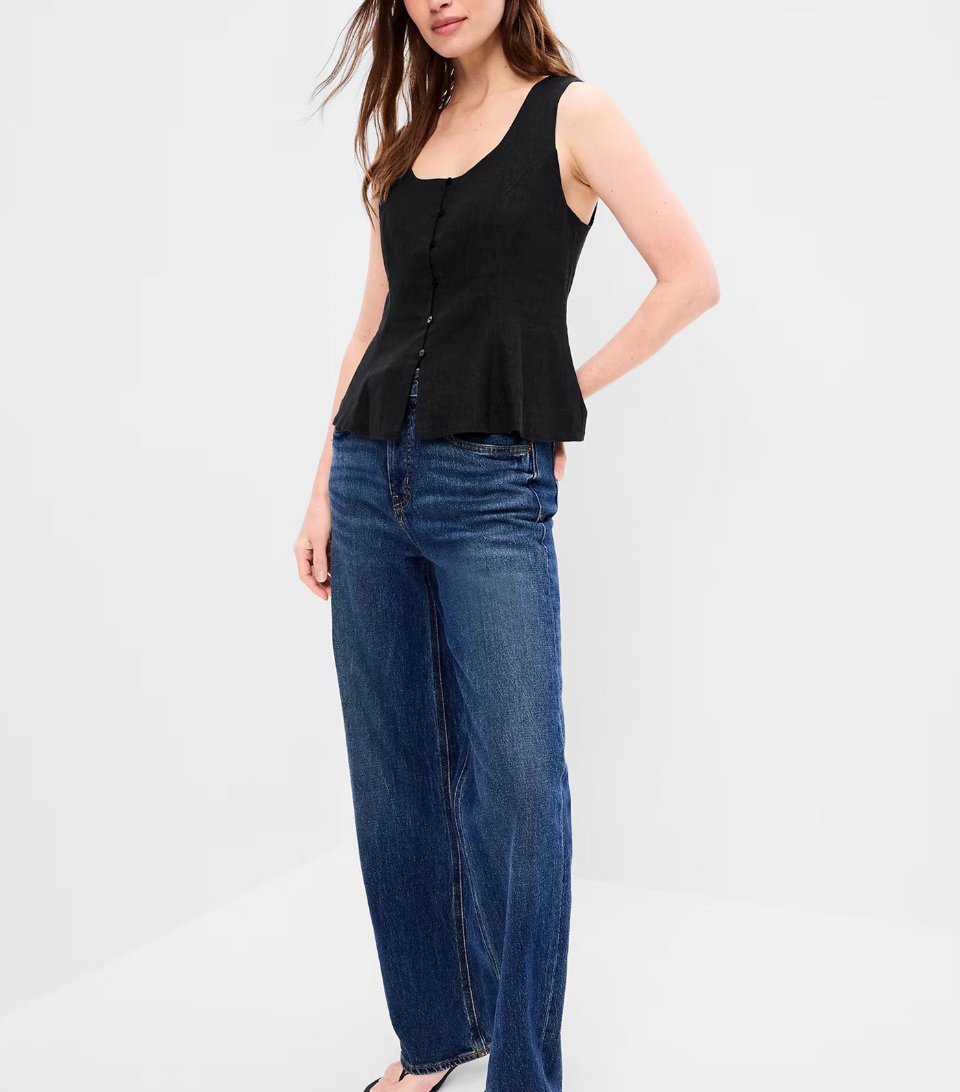 Old Navy Button-Down Linen Blend Top Black Jack