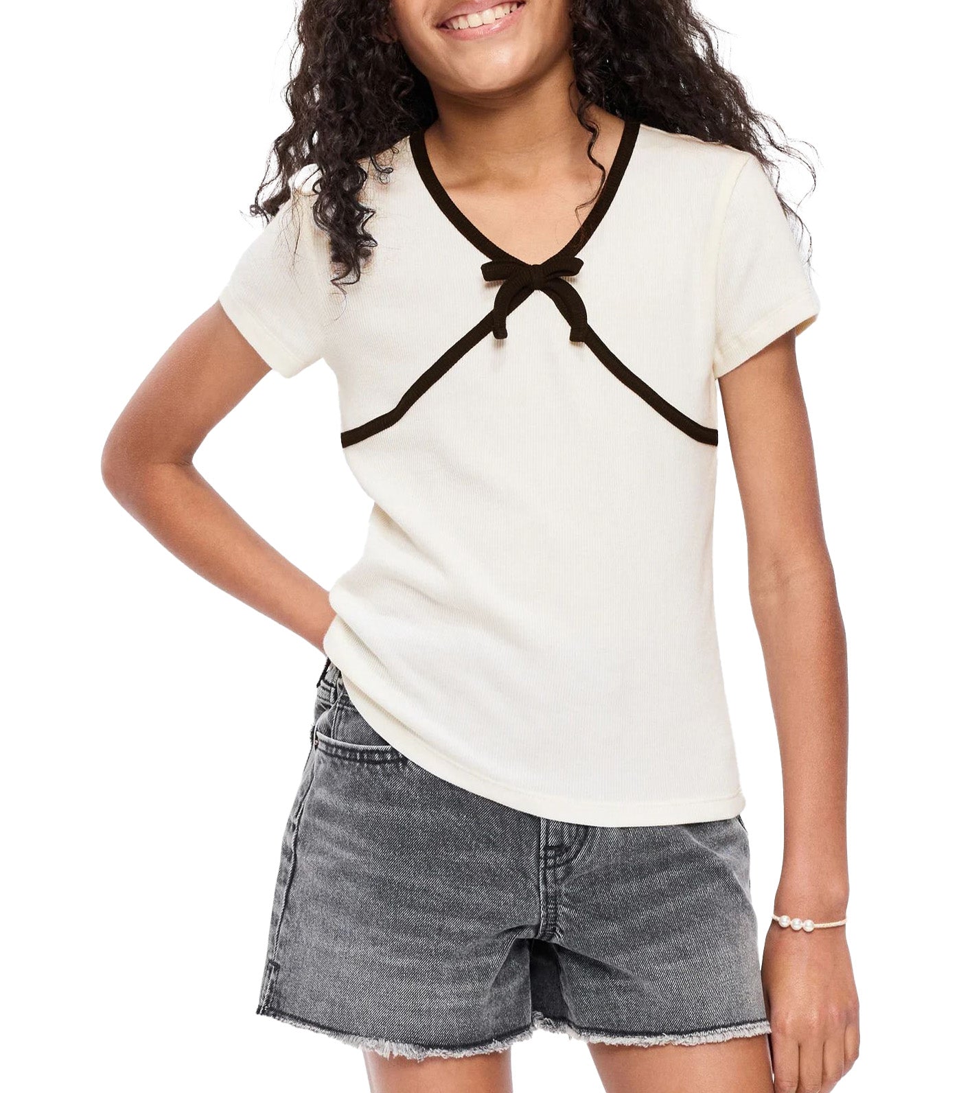 Fitted Short-Sleeve Ribbed Bow Top for Girls