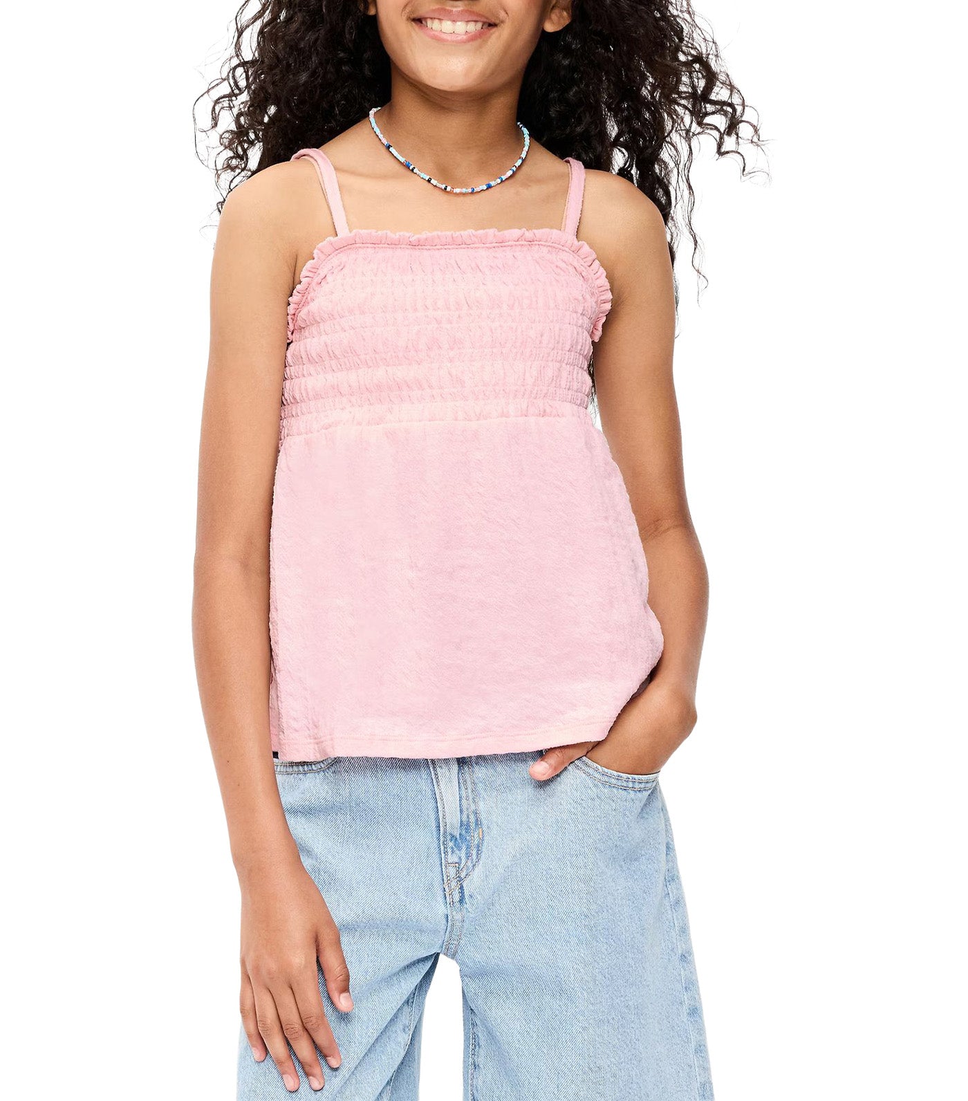 Old Navy Kids Sleeveless Textured Smocked Top for Girls Pink Sky