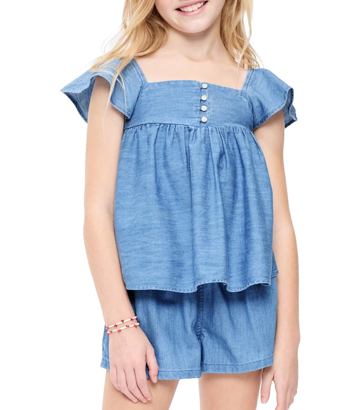 Flutter-Sleeve Chambray Top for Girls