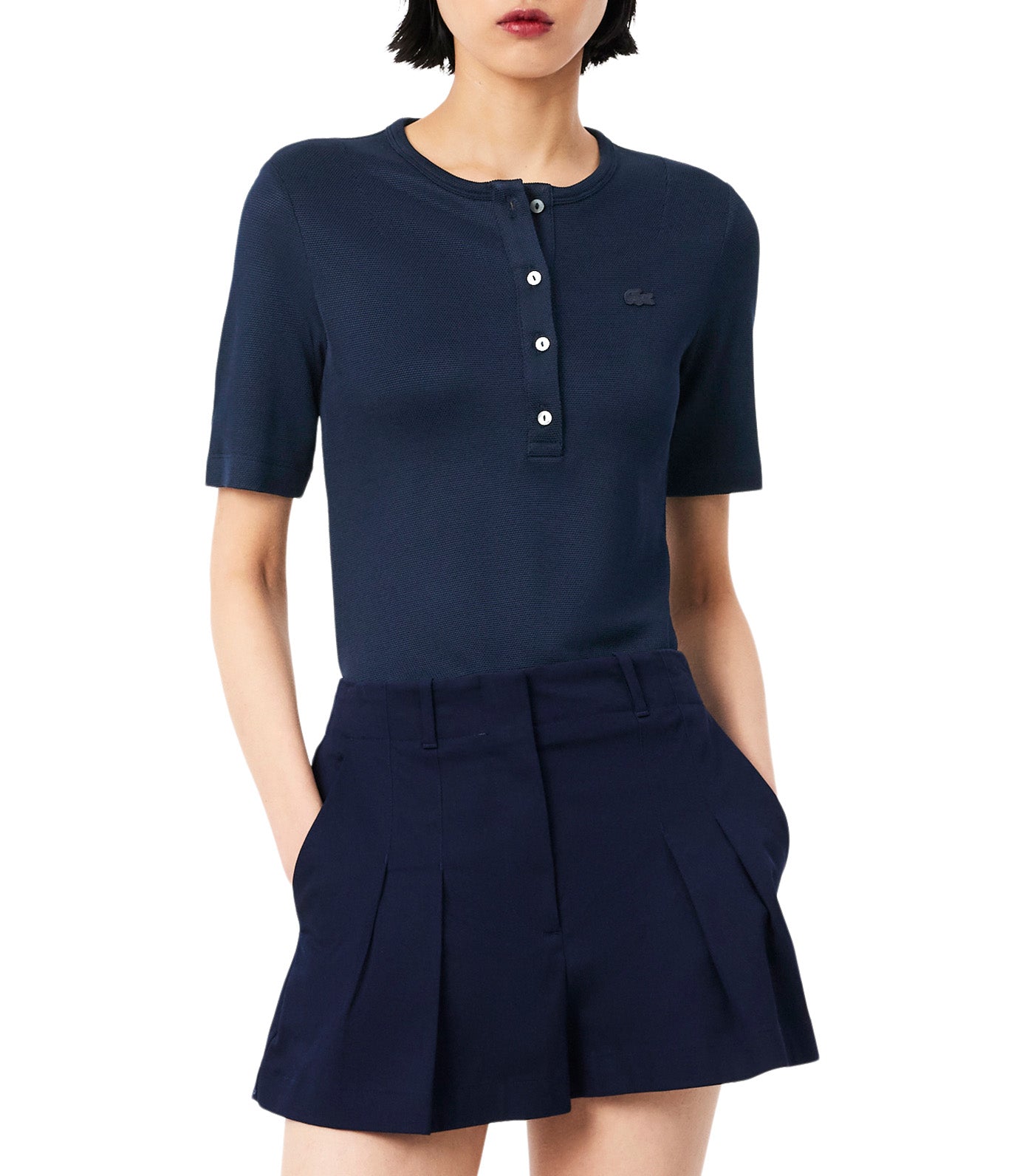 Slim Fit Glossy Piqué Piqué T-Shirt Navy Blue