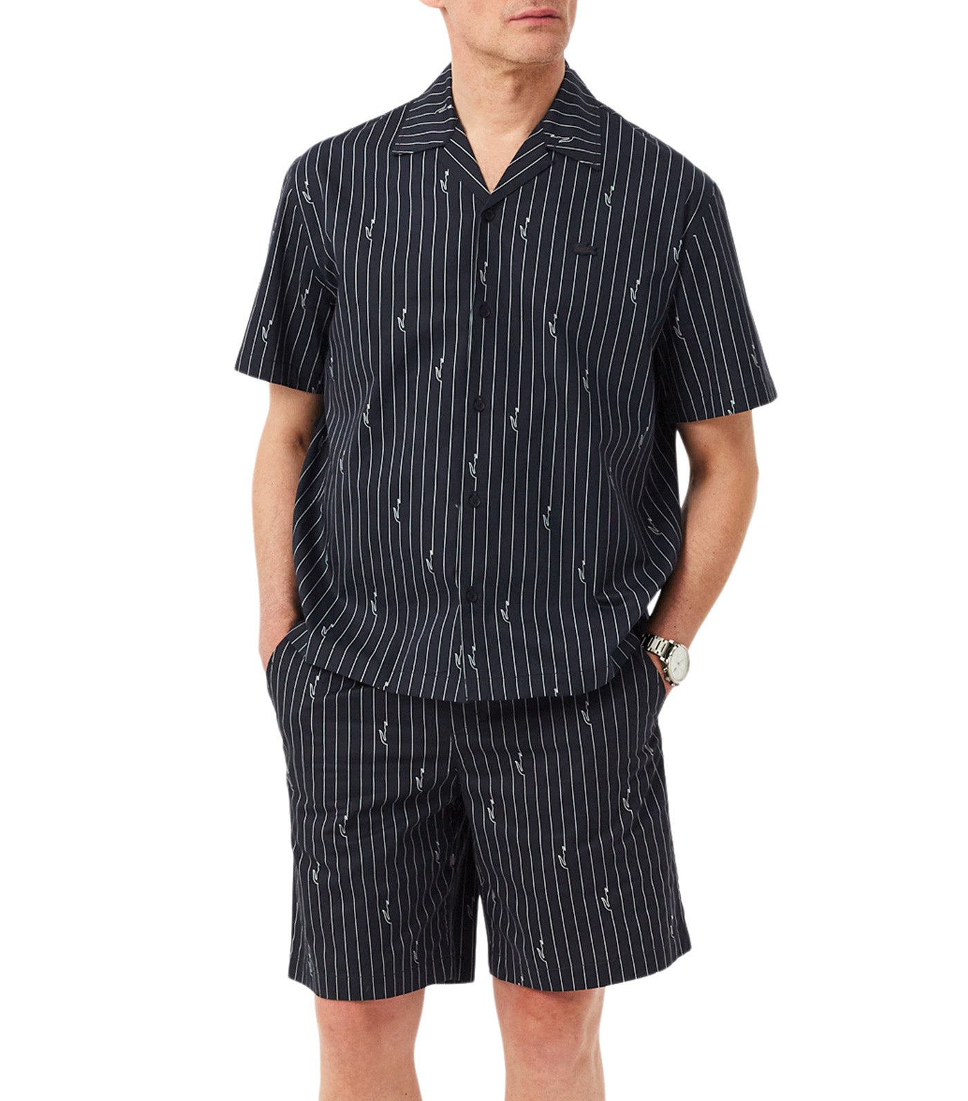 Lacoste Crocodile Print Stripe Cotton Shorts Blackbird/White