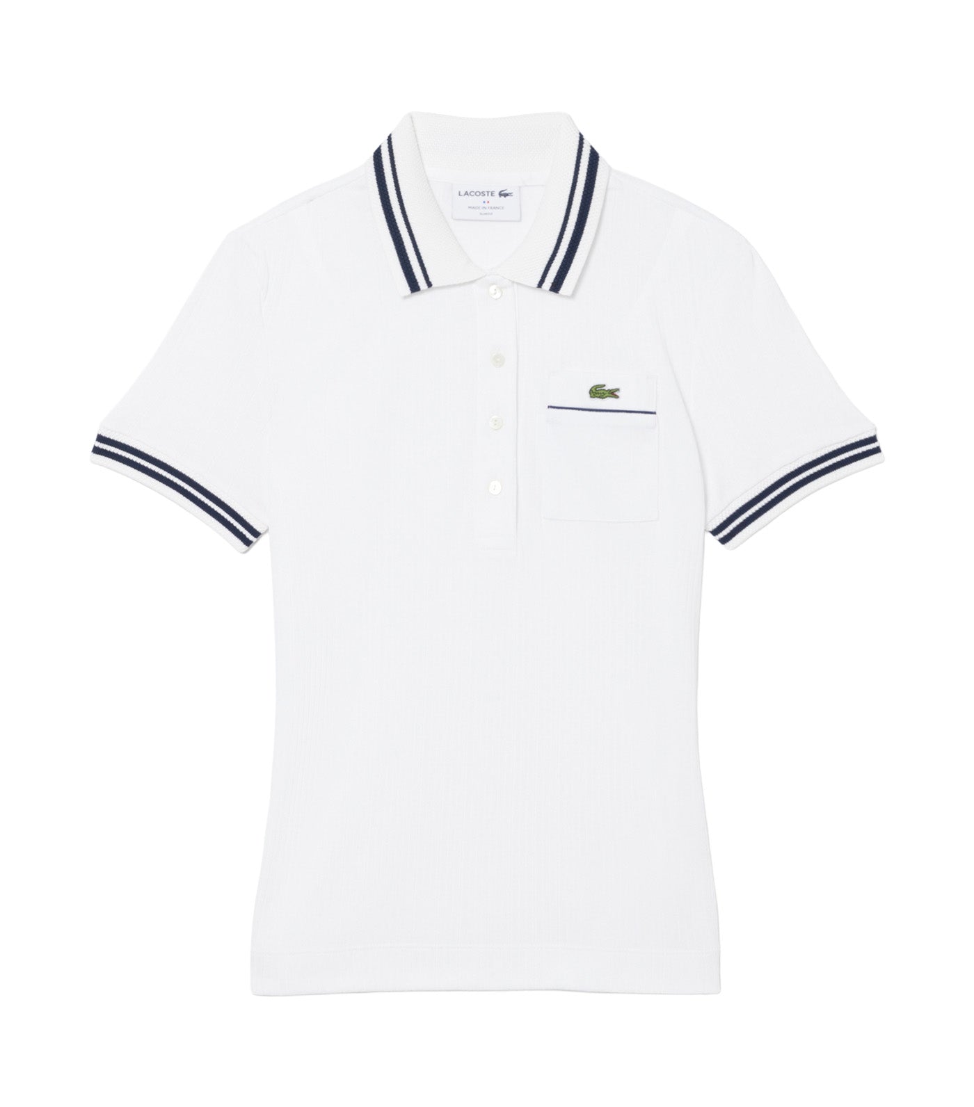 Slim Fit French Made Ribbed Polo Shirt White/Navy Blue