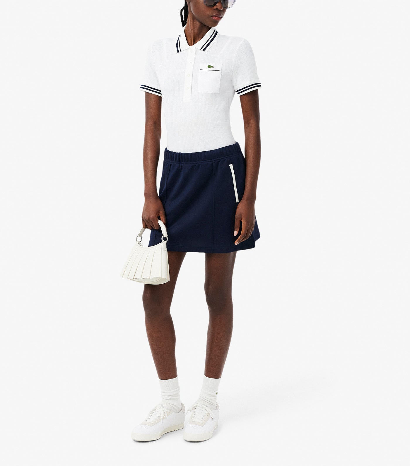Slim Fit French Made Ribbed Polo Shirt White/Navy Blue