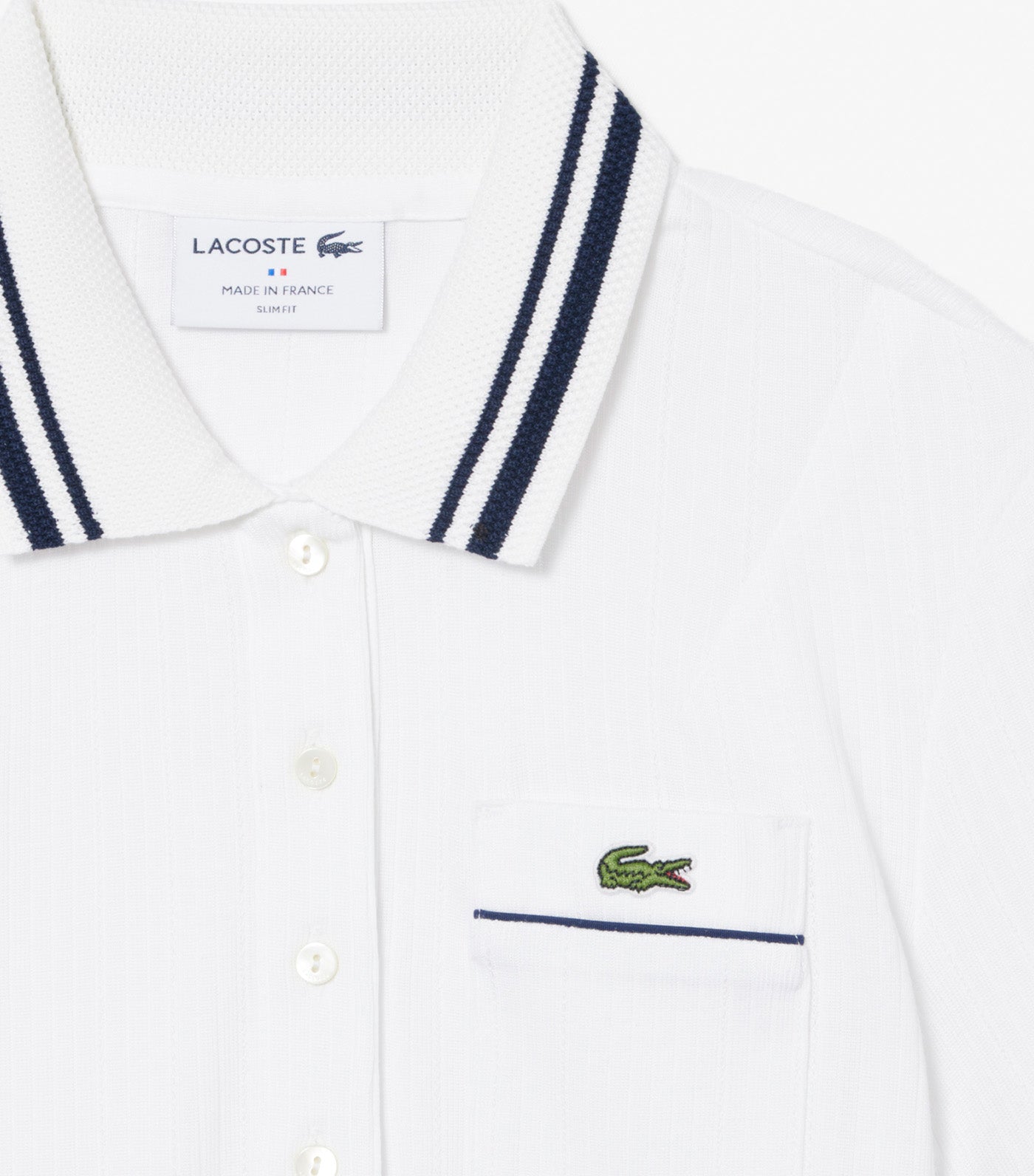 Slim Fit French Made Ribbed Polo Shirt White/Navy Blue
