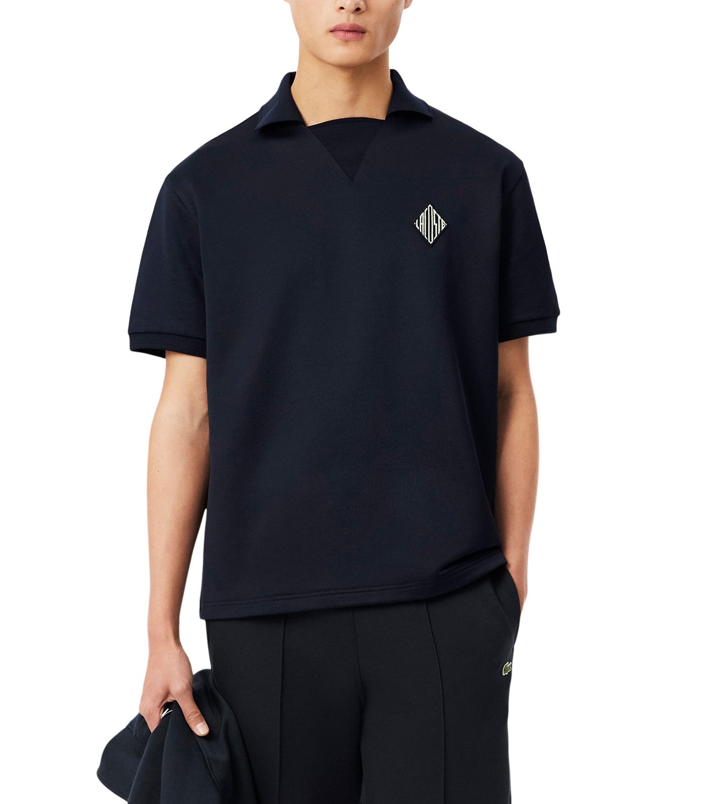 Loose Fit Badge Accent Fleece Polo Shirt Blackbird