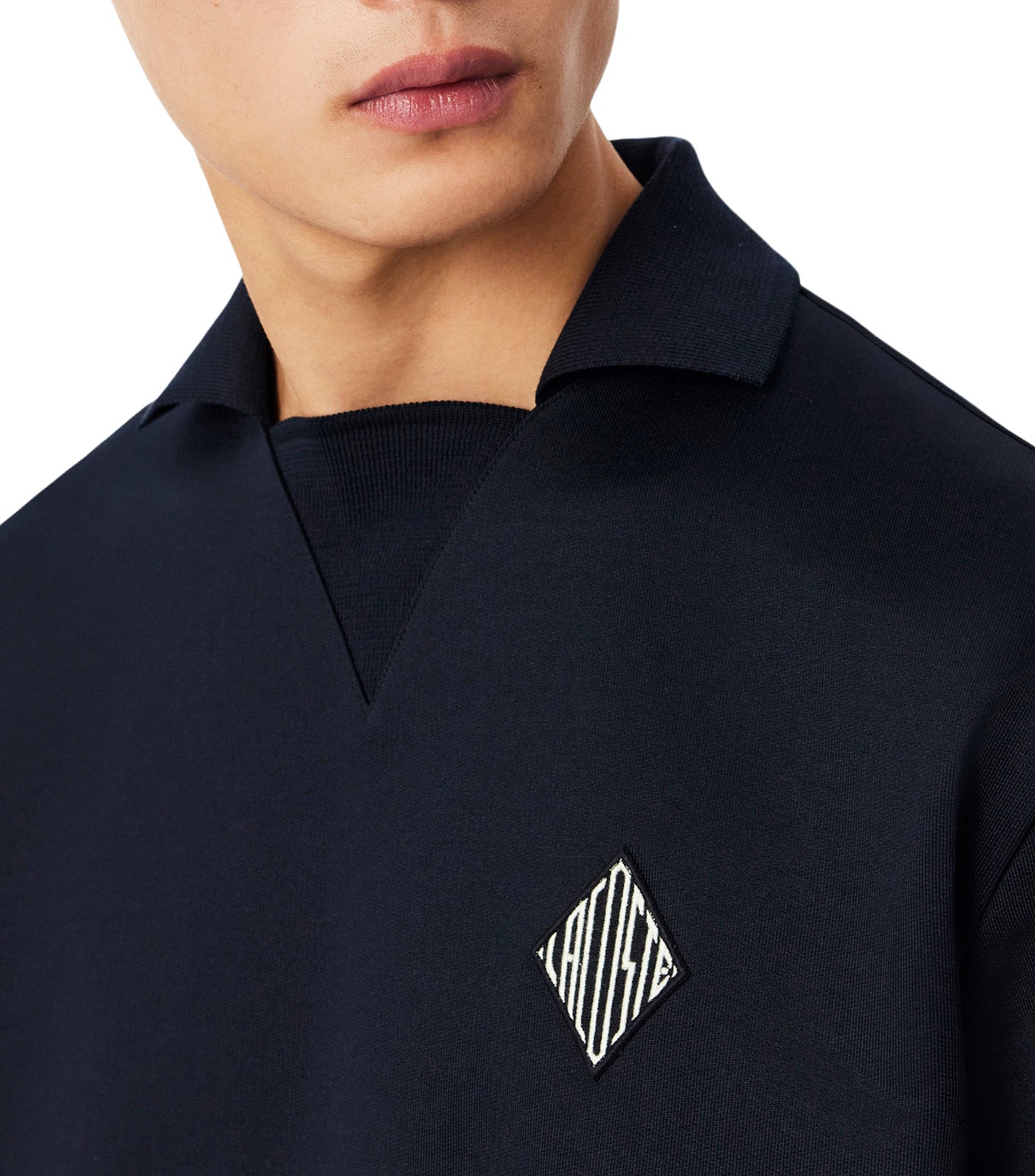 Loose Fit Badge Accent Fleece Polo Shirt Blackbird