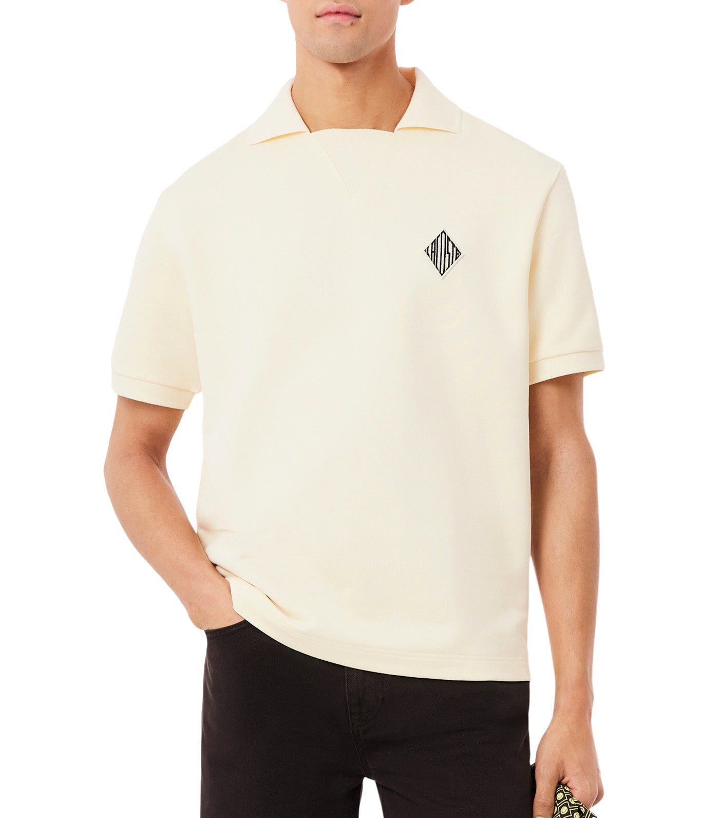 Loose Fit Badge Accent Fleece Polo Shirt Powder