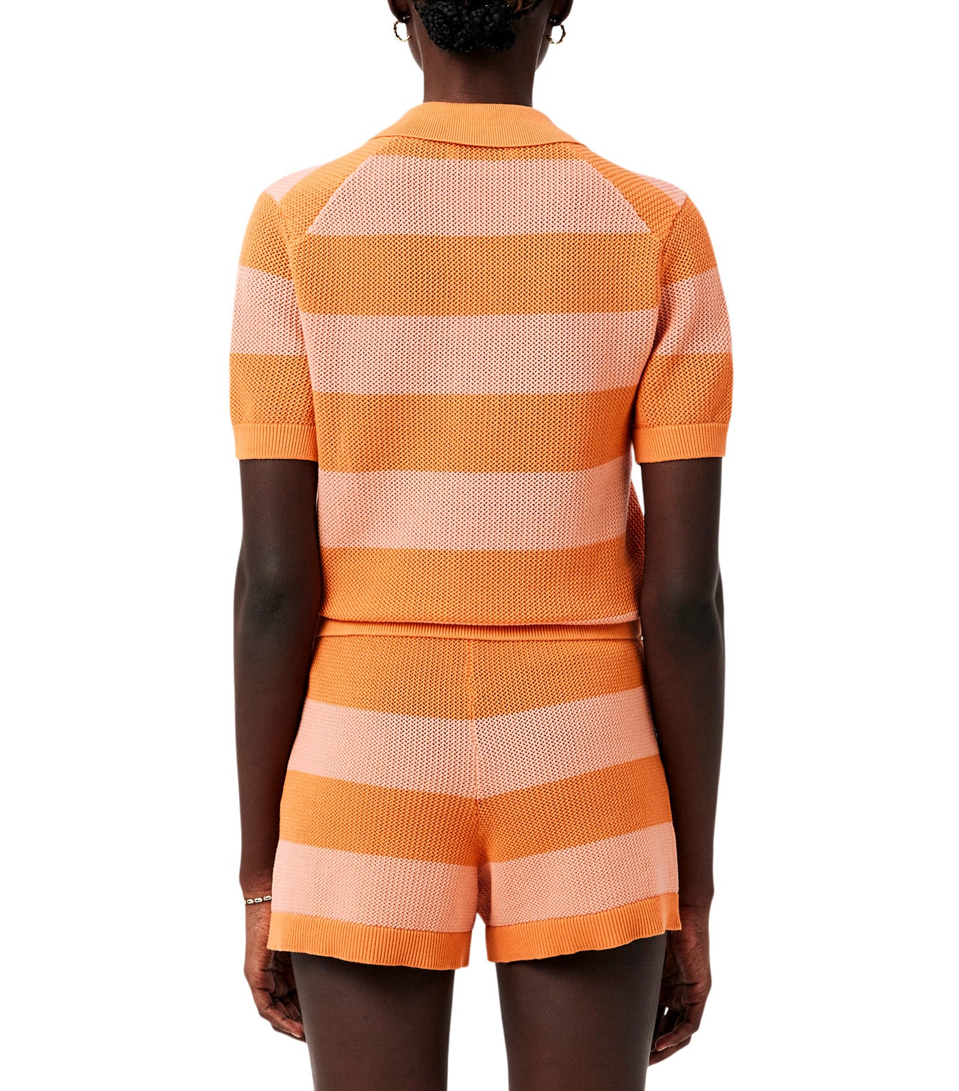 Striped Mesh Knit Polo Collar Sweater