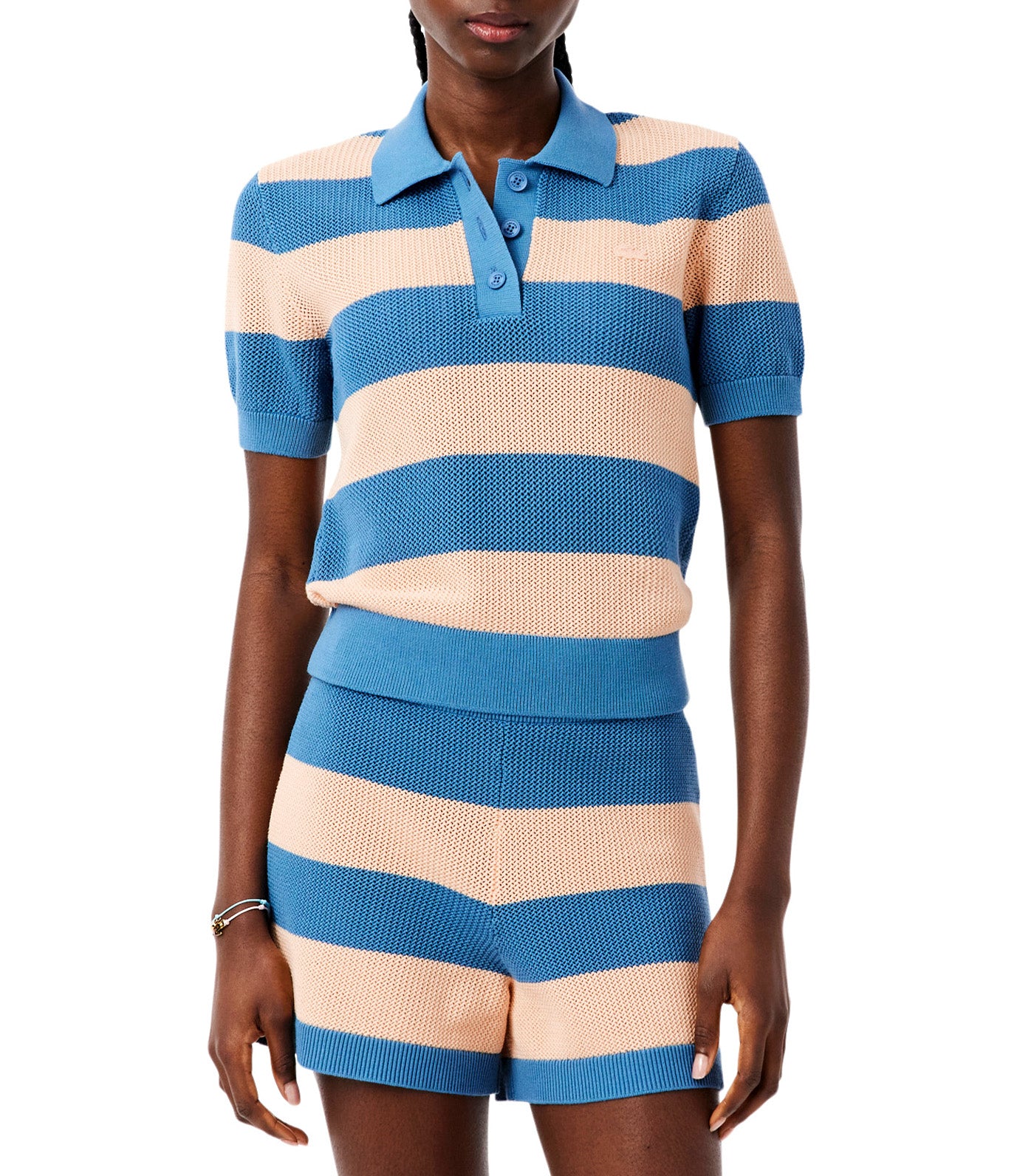 Striped Mesh Knit Polo Collar Sweater