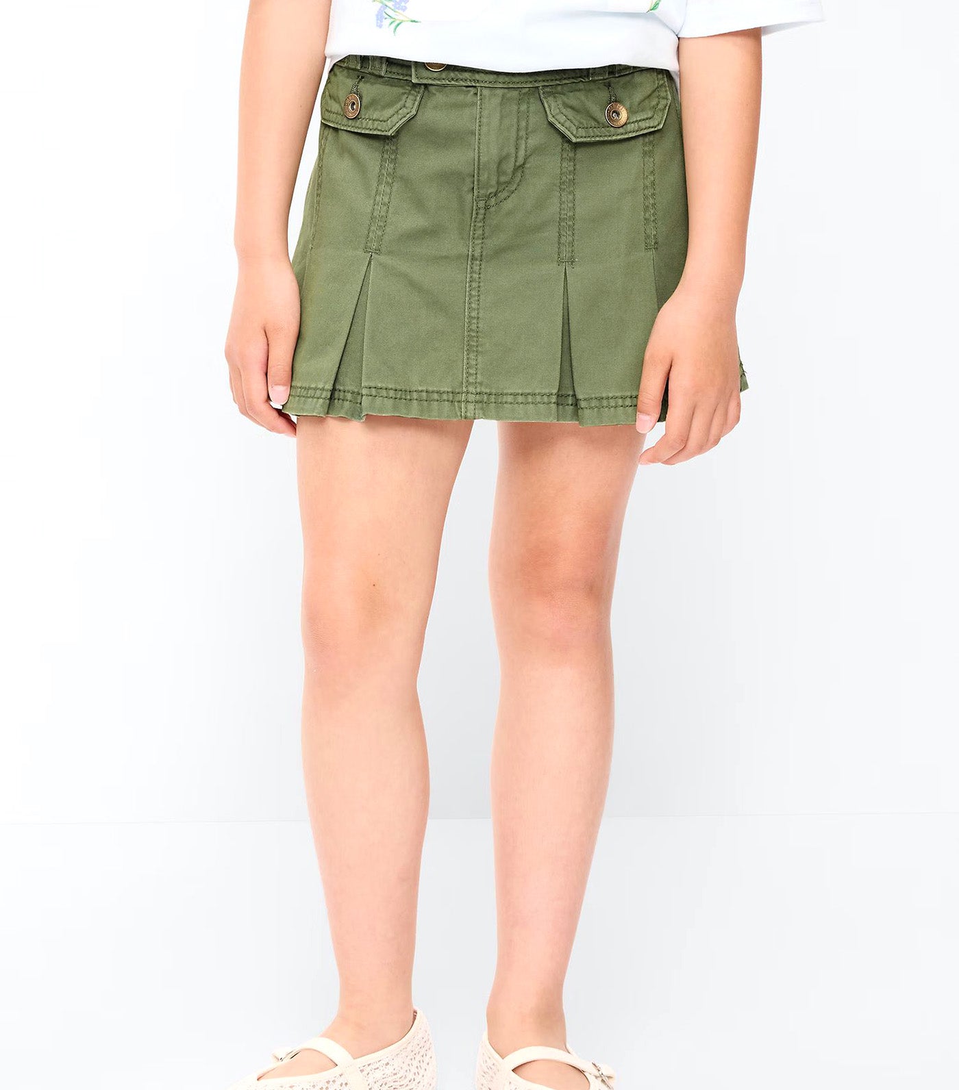 Pleated Utility Twill Skirt for Girls Olive Through This