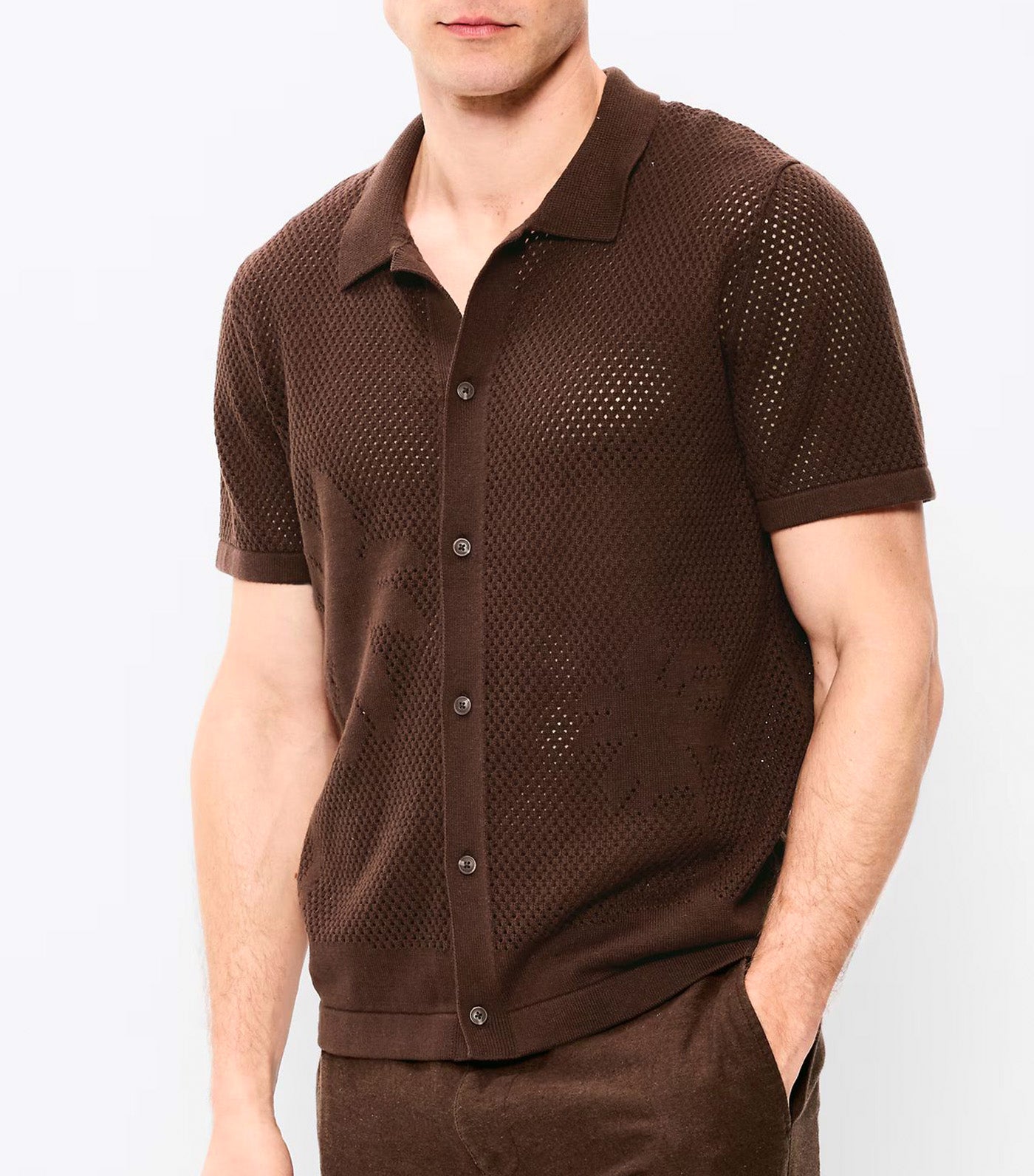 Old Navy Short-Sleeve Open-Knit Sweater Shirt Brown Palm