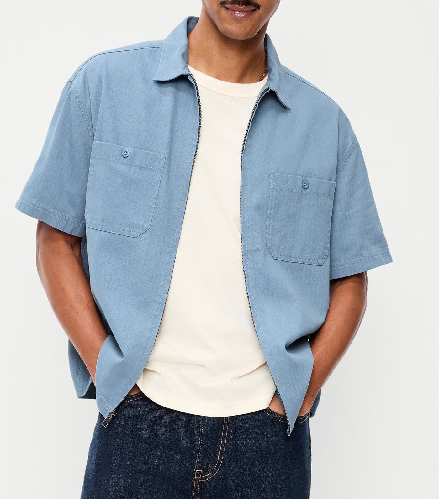 Loose Full-Zip Herringbone Workwear Shirt Naturalist Blue
