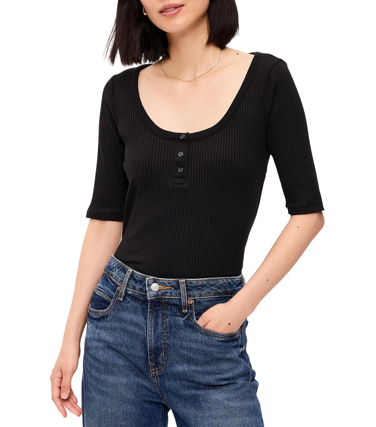 Scoop-Neck Fitted Henley Top Black Jack 2