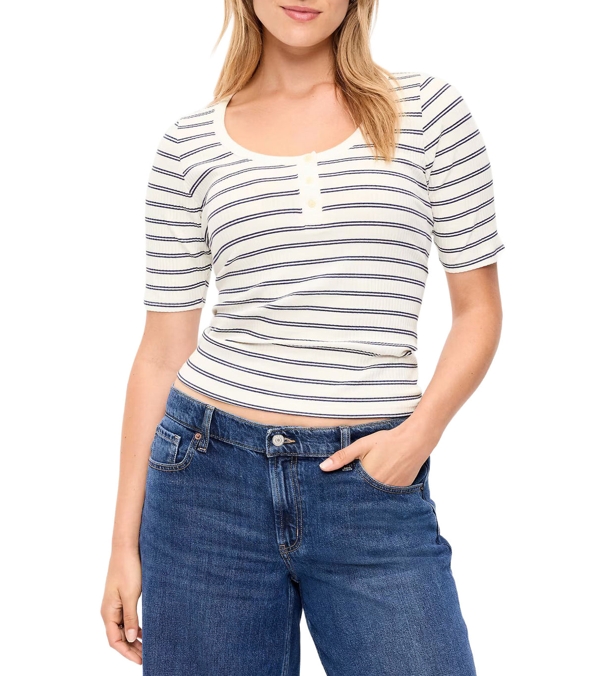 Fitted Scoop-Neck Henley T-Shirt Navy Stripe