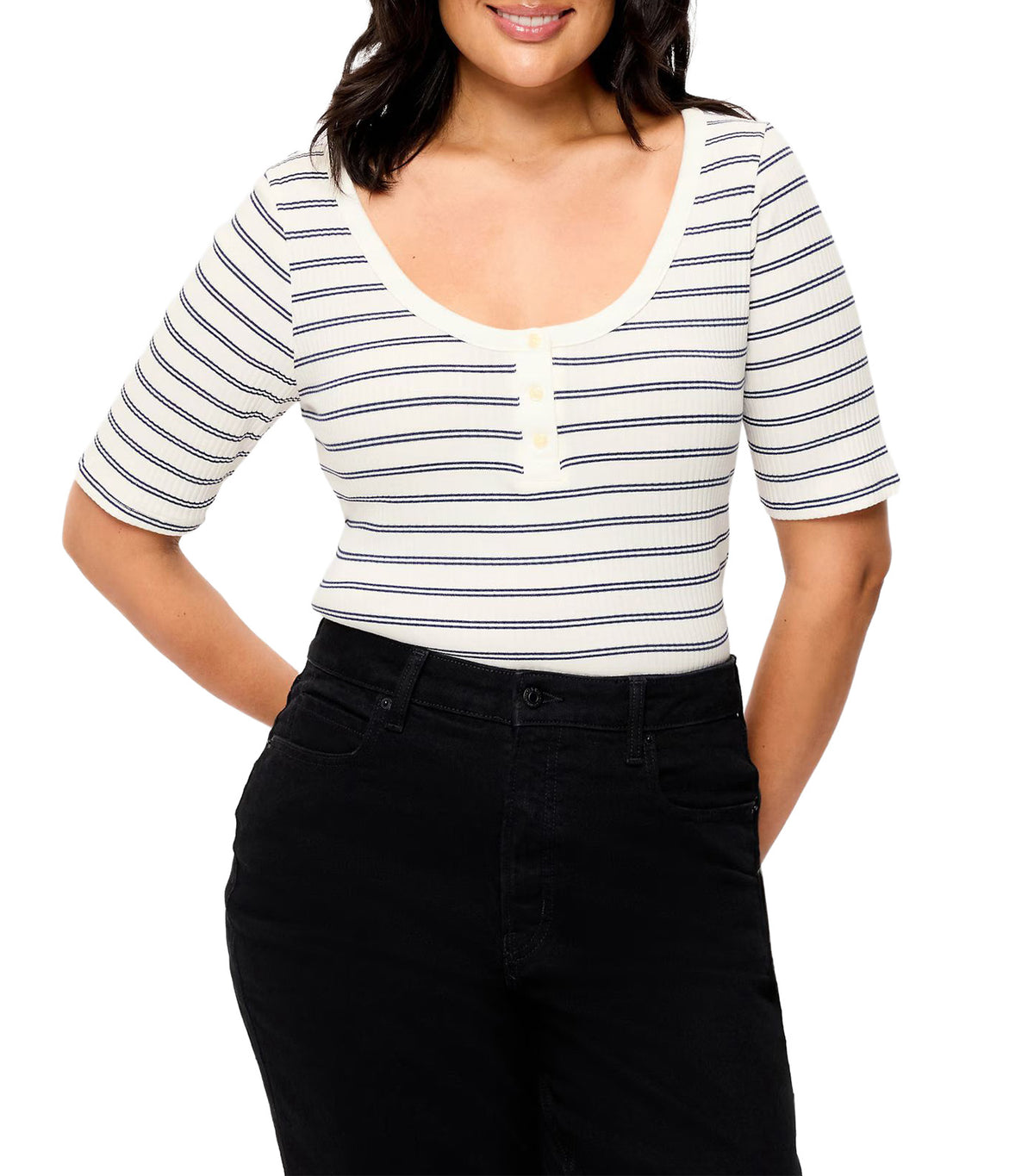 Fitted Scoop-Neck Henley T-Shirt Navy Stripe