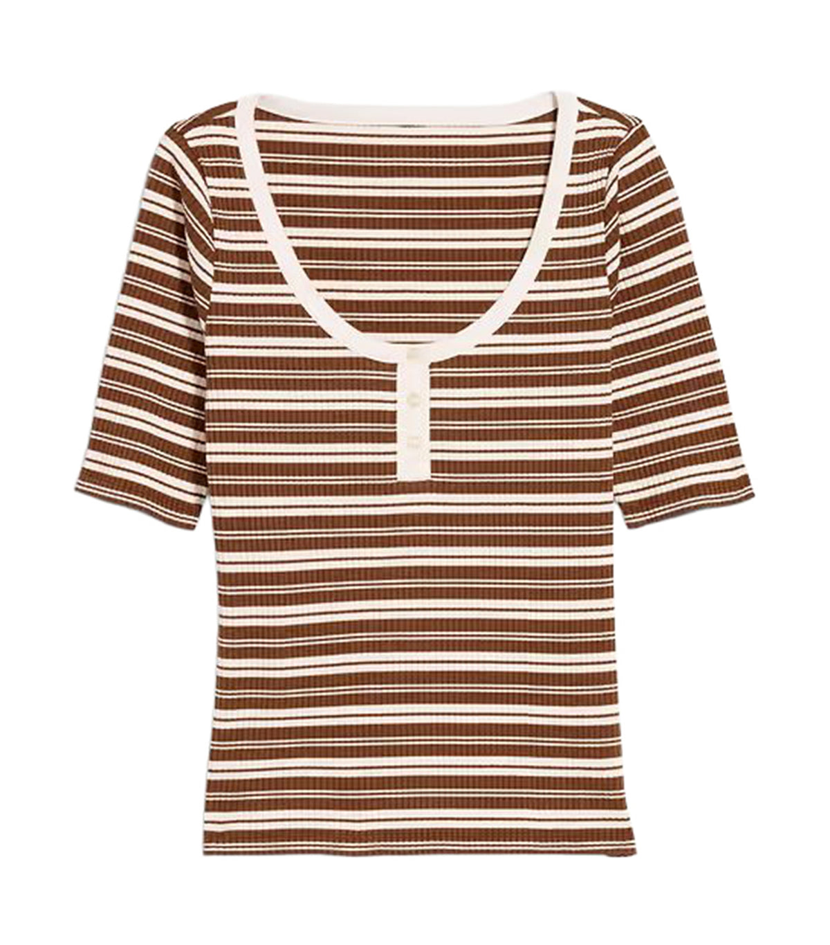 Fitted Scoop-Neck Henley T-Shirt Earth Brown Stripe
