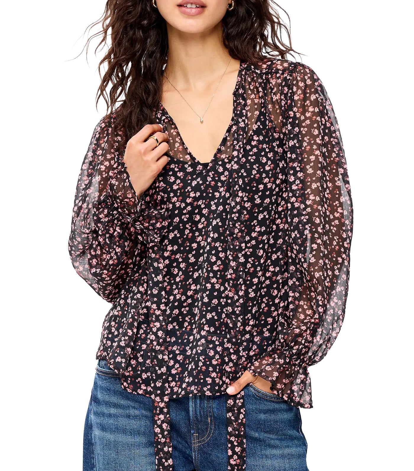 Chiffon Semi-Sheer Tie-Front Top Pink Floral