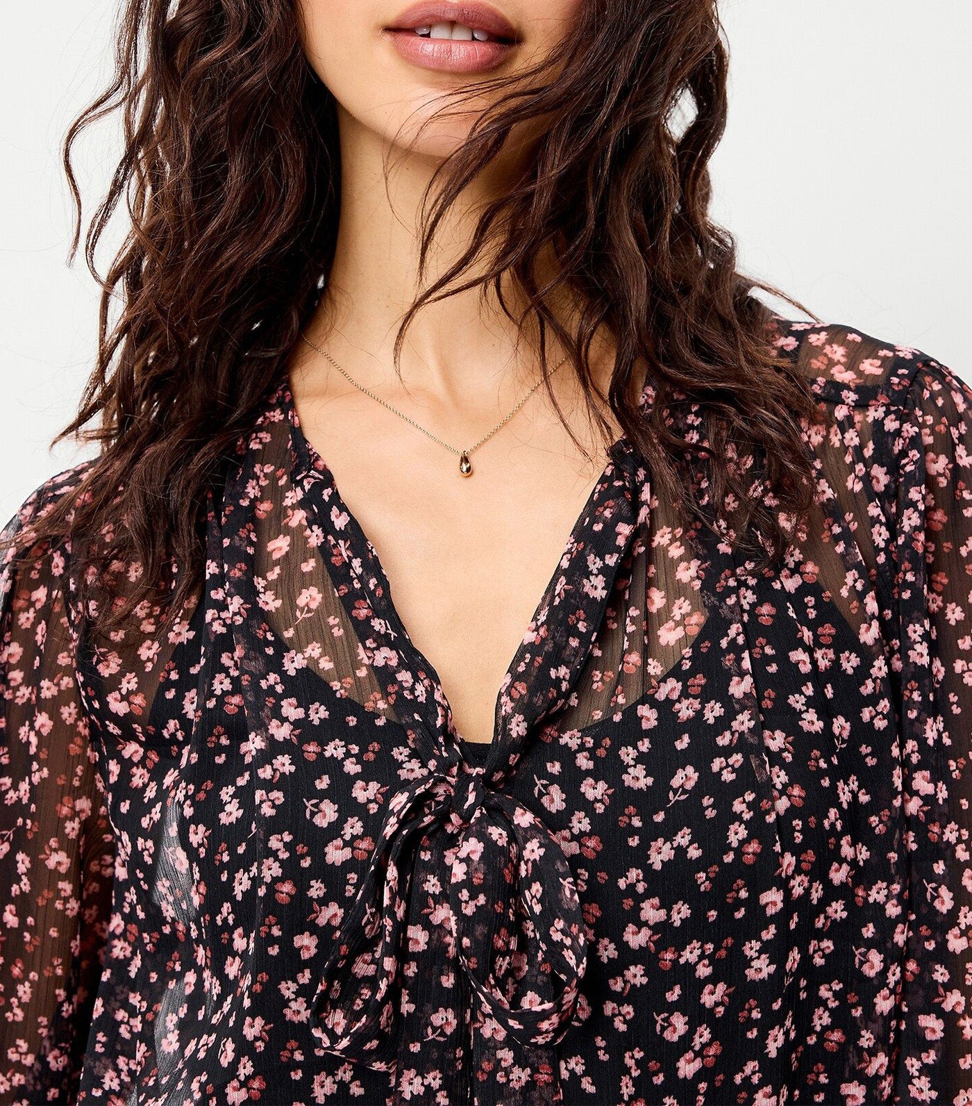 Chiffon Semi-Sheer Tie-Front Top Pink Floral