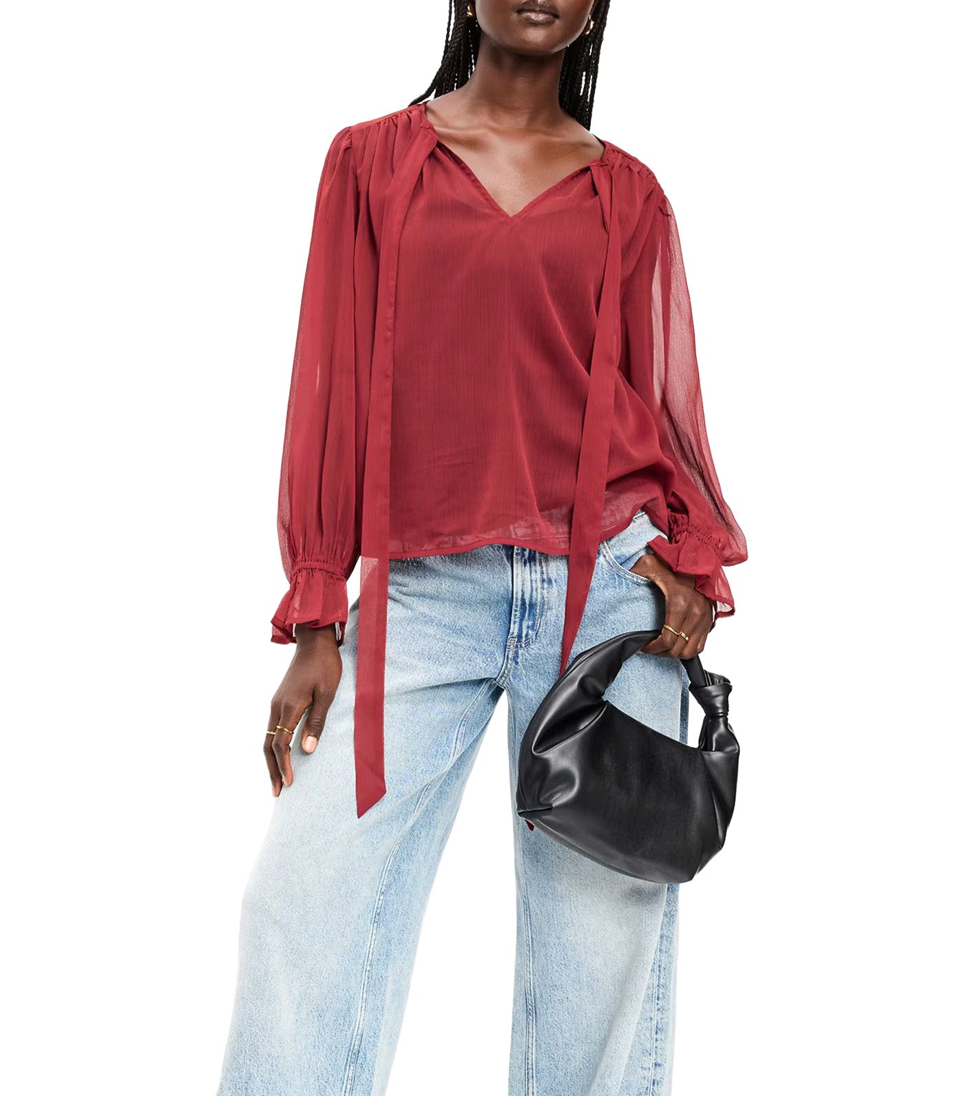 Long-Sleeve Chiffon Tie-Front Top Emberglow
