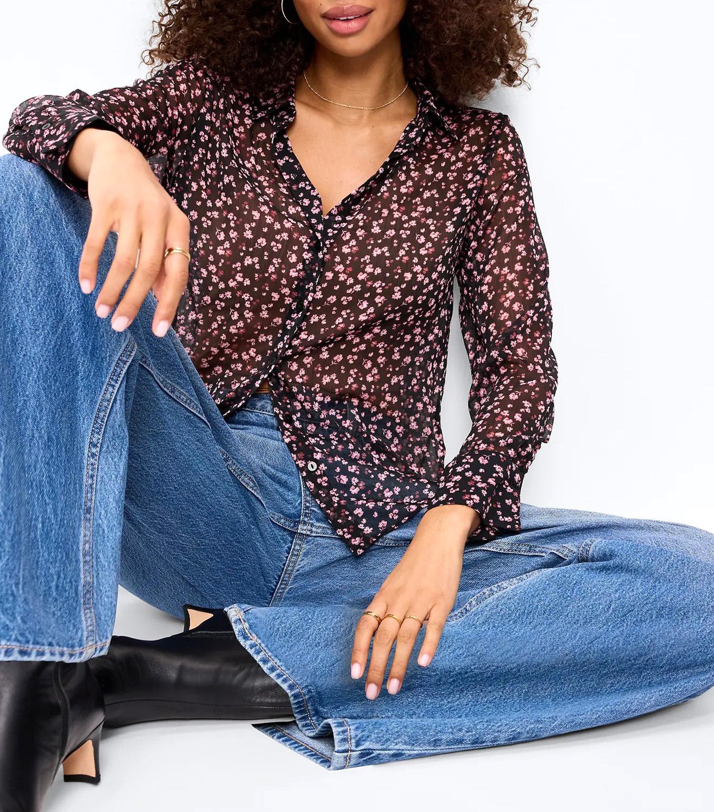 Airy Long-Sleeve Button-Down Top Pink Floral