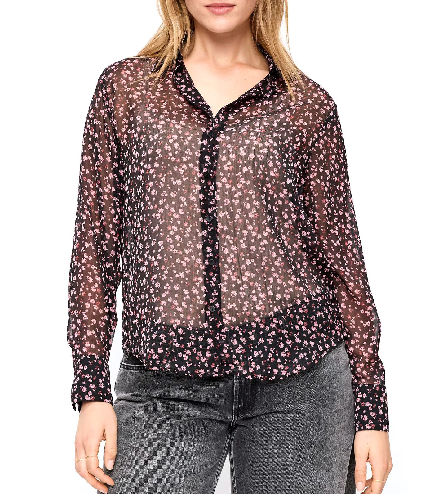 Airy Long-Sleeve Button-Down Top Pink Floral
