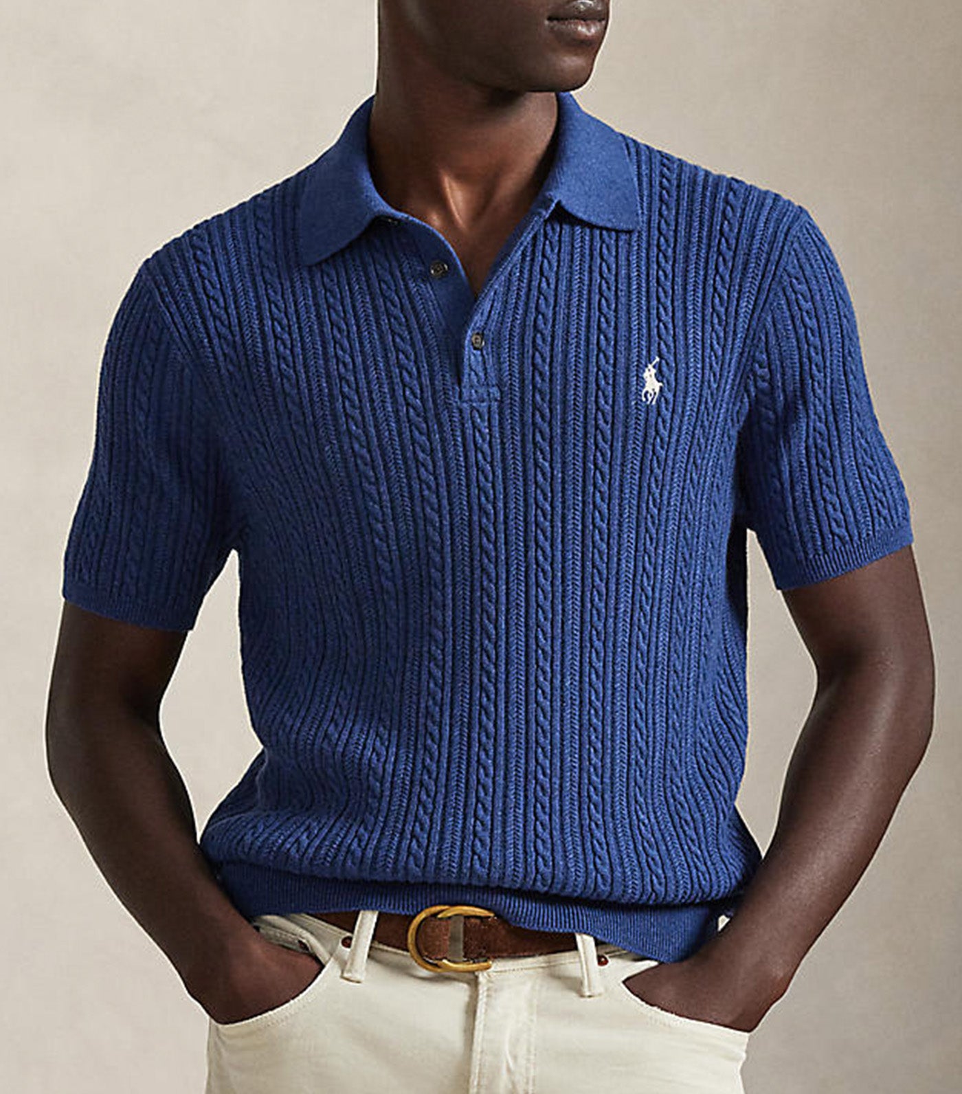 Men's Cable-Knit Cotton Polo-Collar Sweater