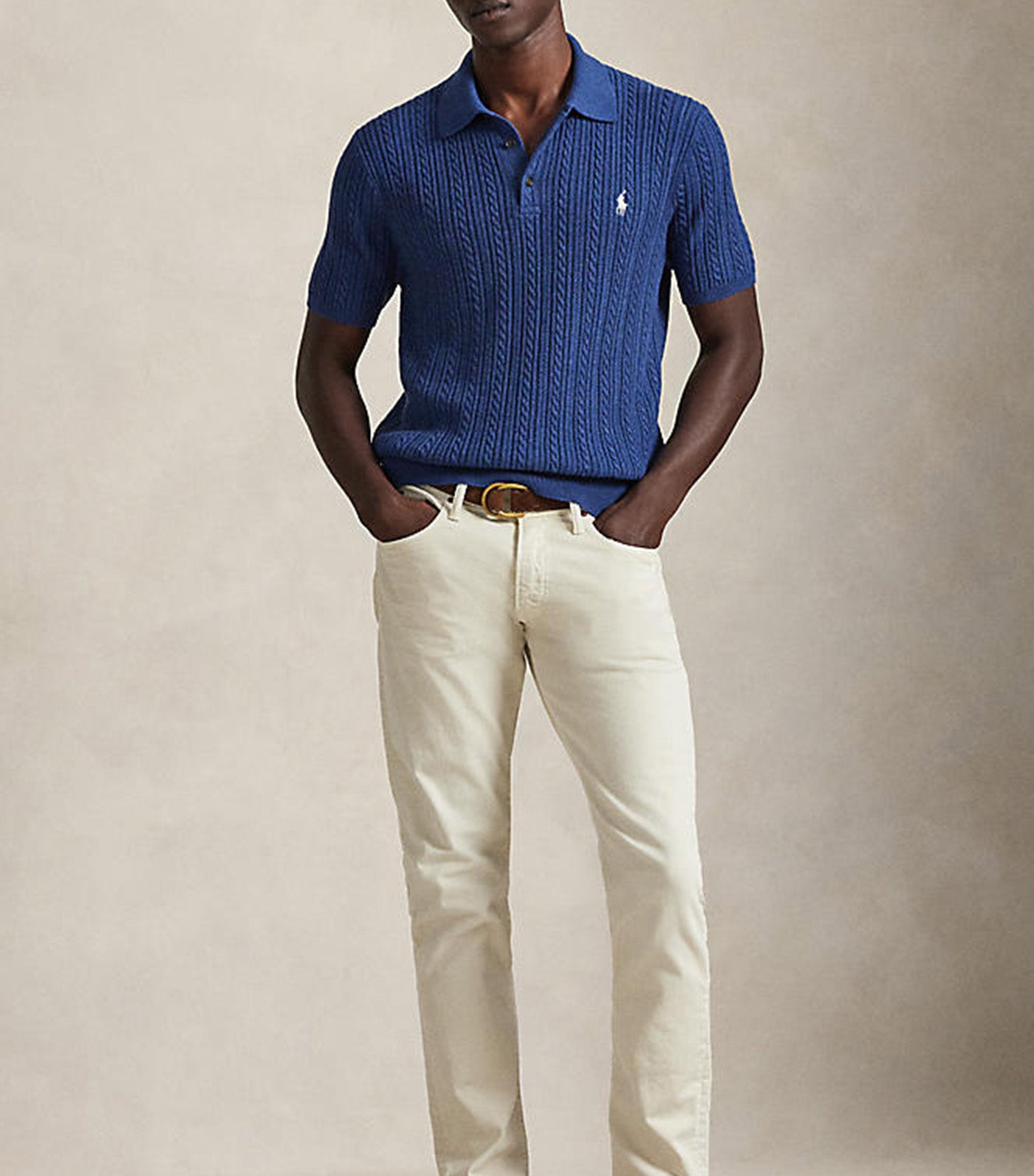 Men's Cable-Knit Cotton Polo-Collar Sweater
