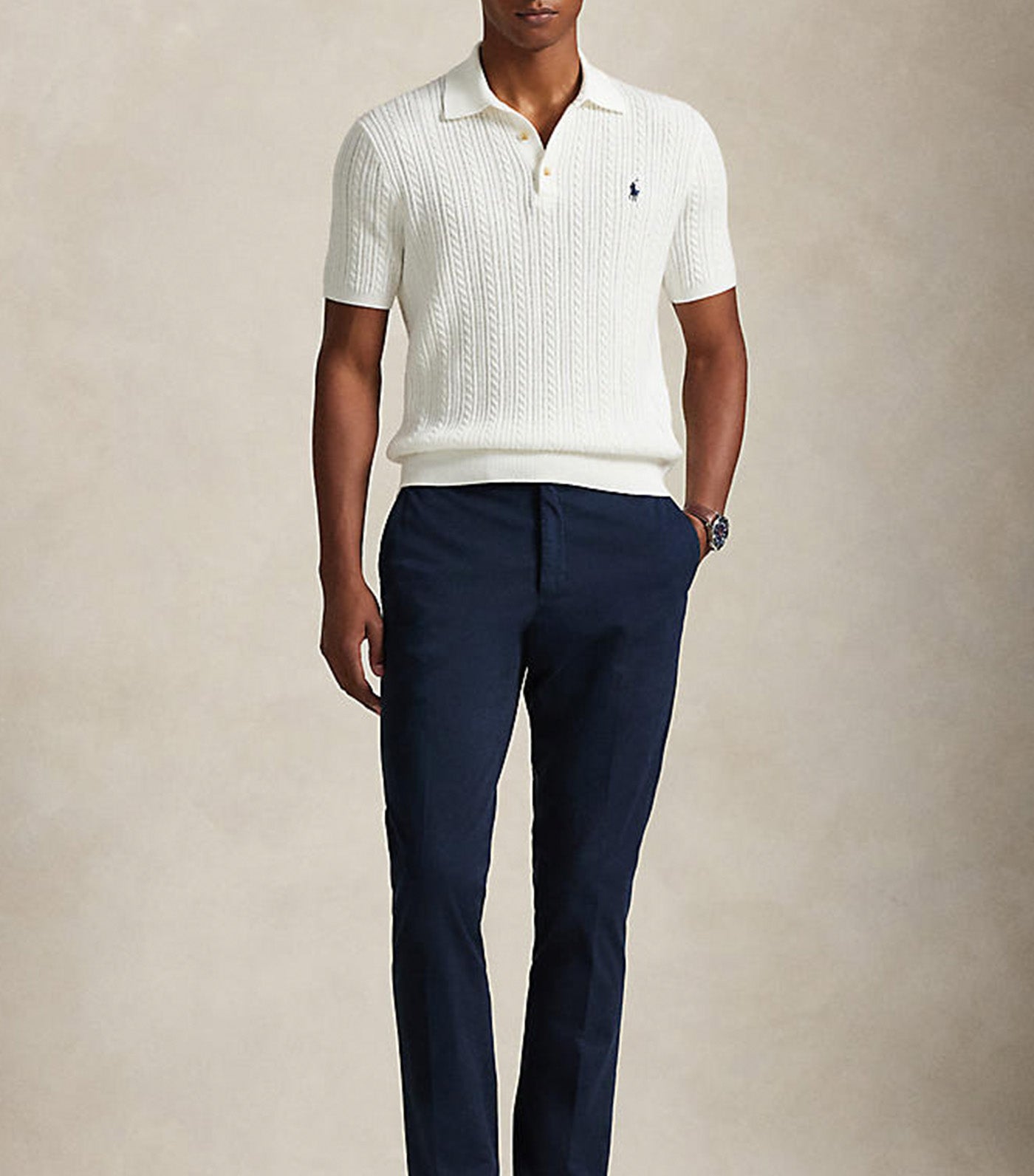 Men's Cable-Knit Cotton Polo-Collar Sweater