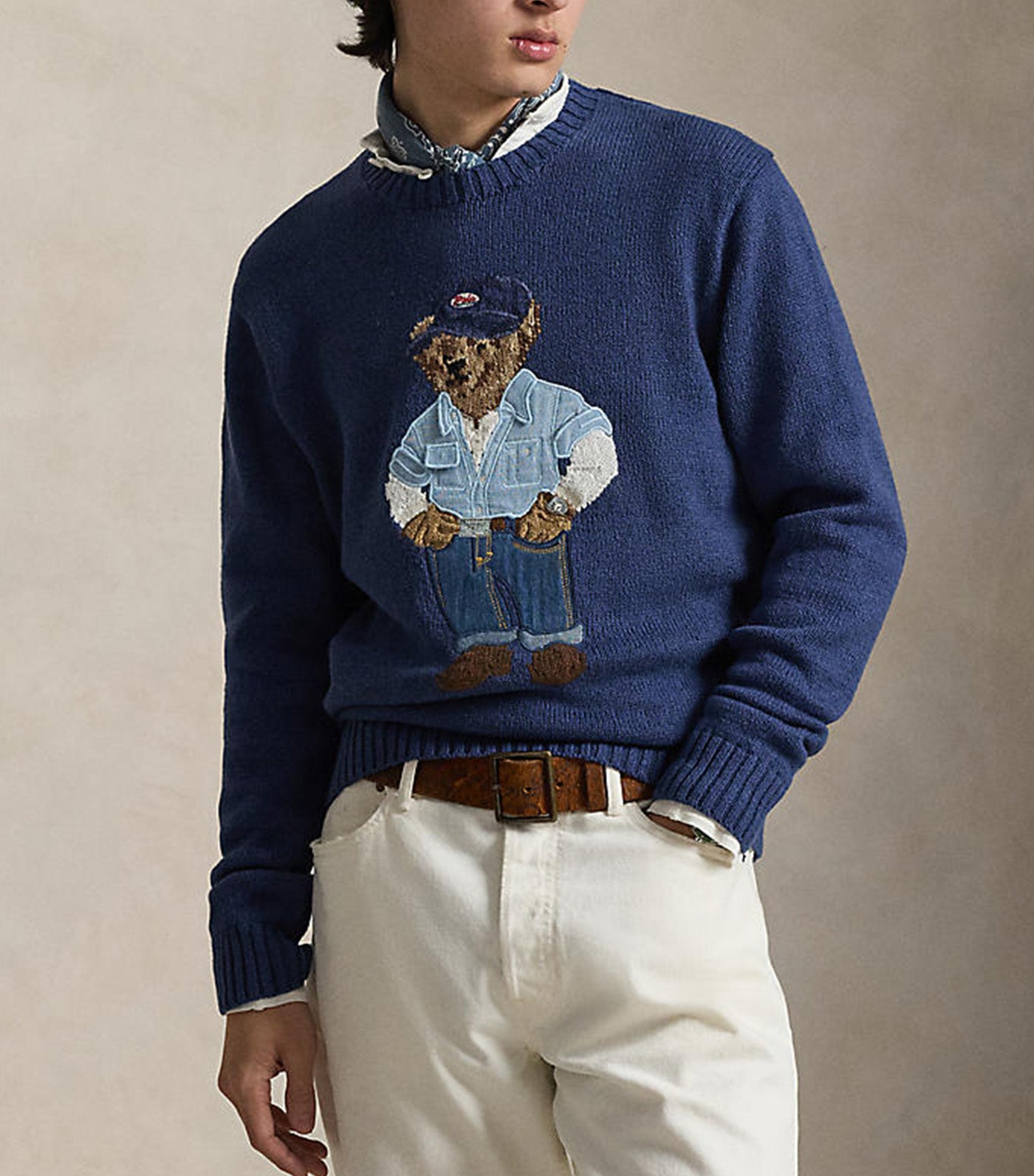 Men's Polo Bear Cotton-Linen Sweater Navy