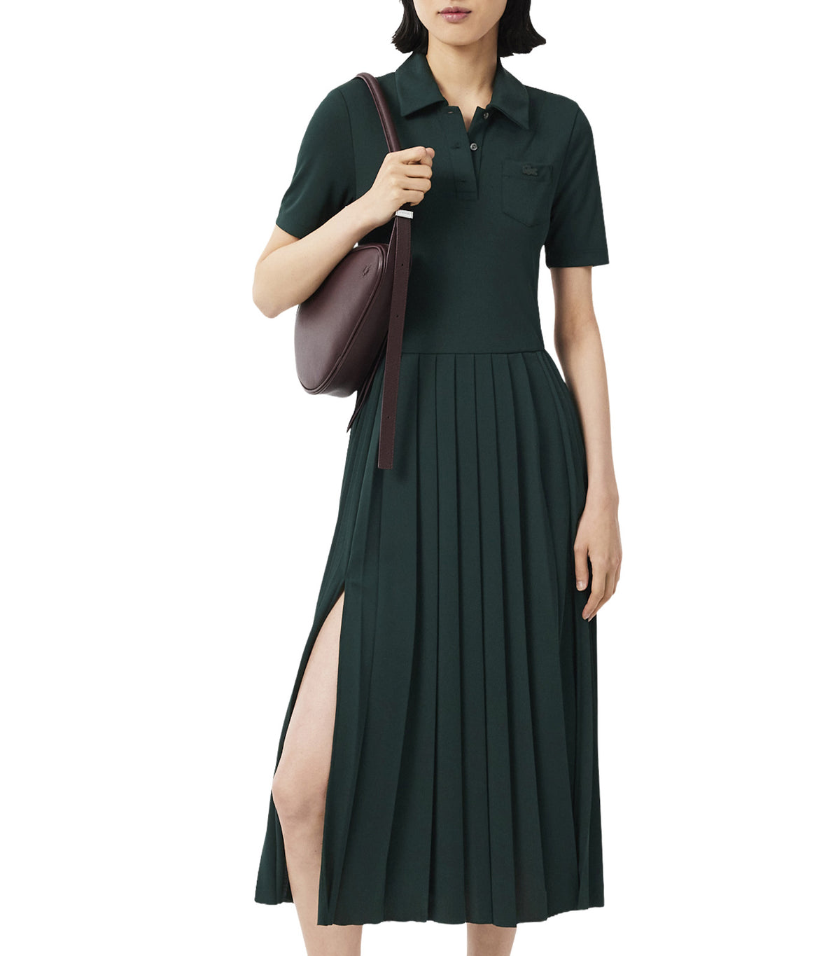 Pleated Fluid Jersey Polo Collar Dress Sinople