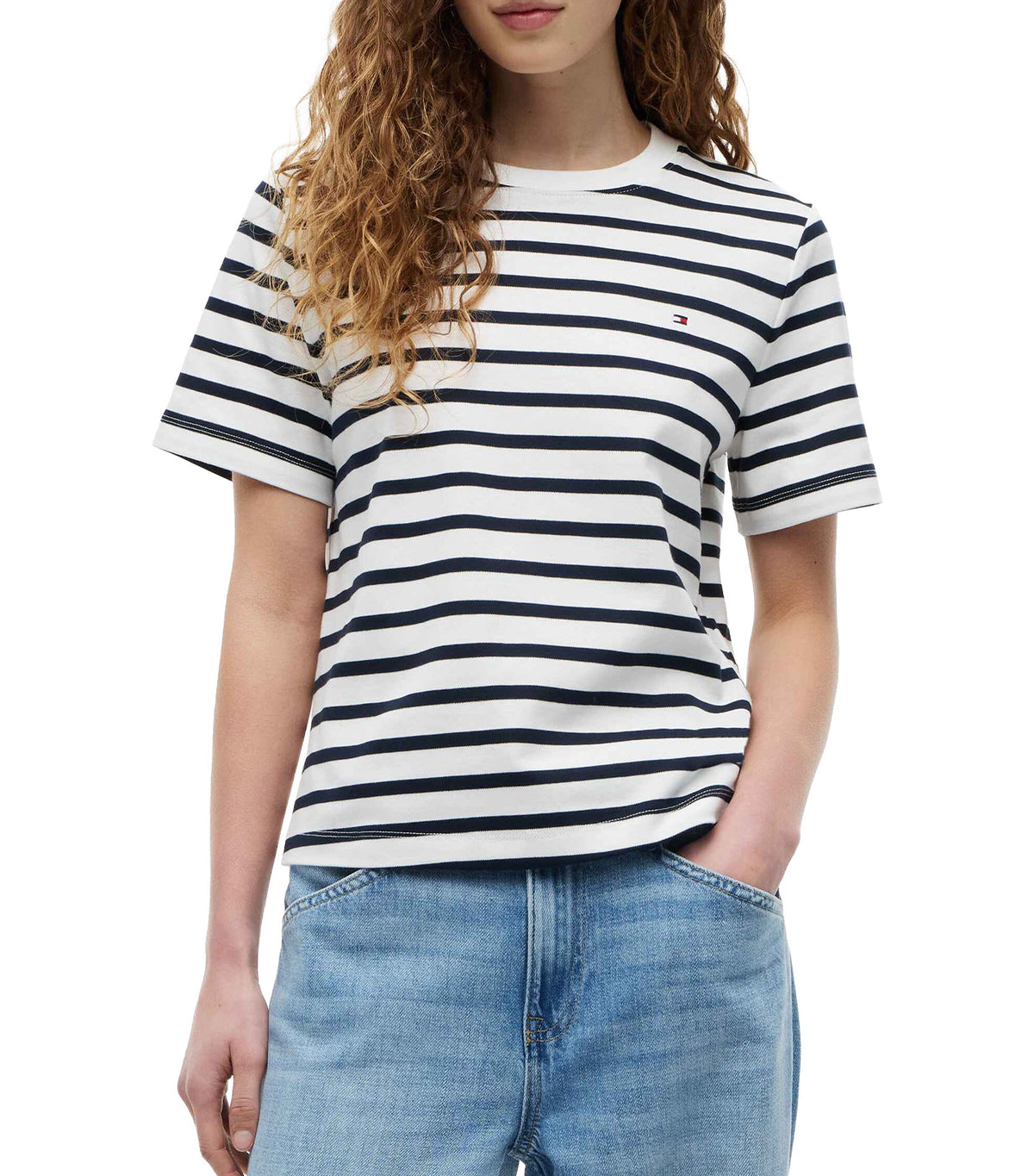 Women's Interlock Boxy Crew SS Neck Tee Breton Stripe Ecru/Dark Night Navy