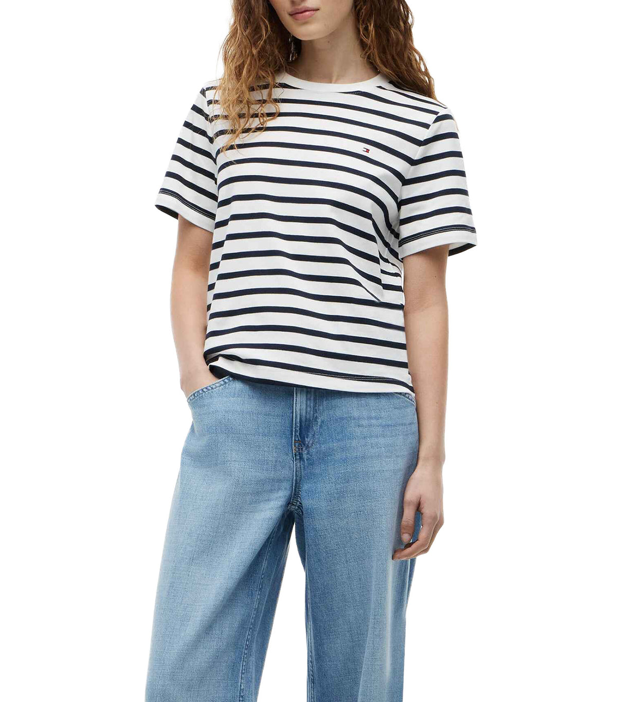 Women's Interlock Boxy Crew SS Neck Tee Breton Stripe Ecru/Dark Night Navy