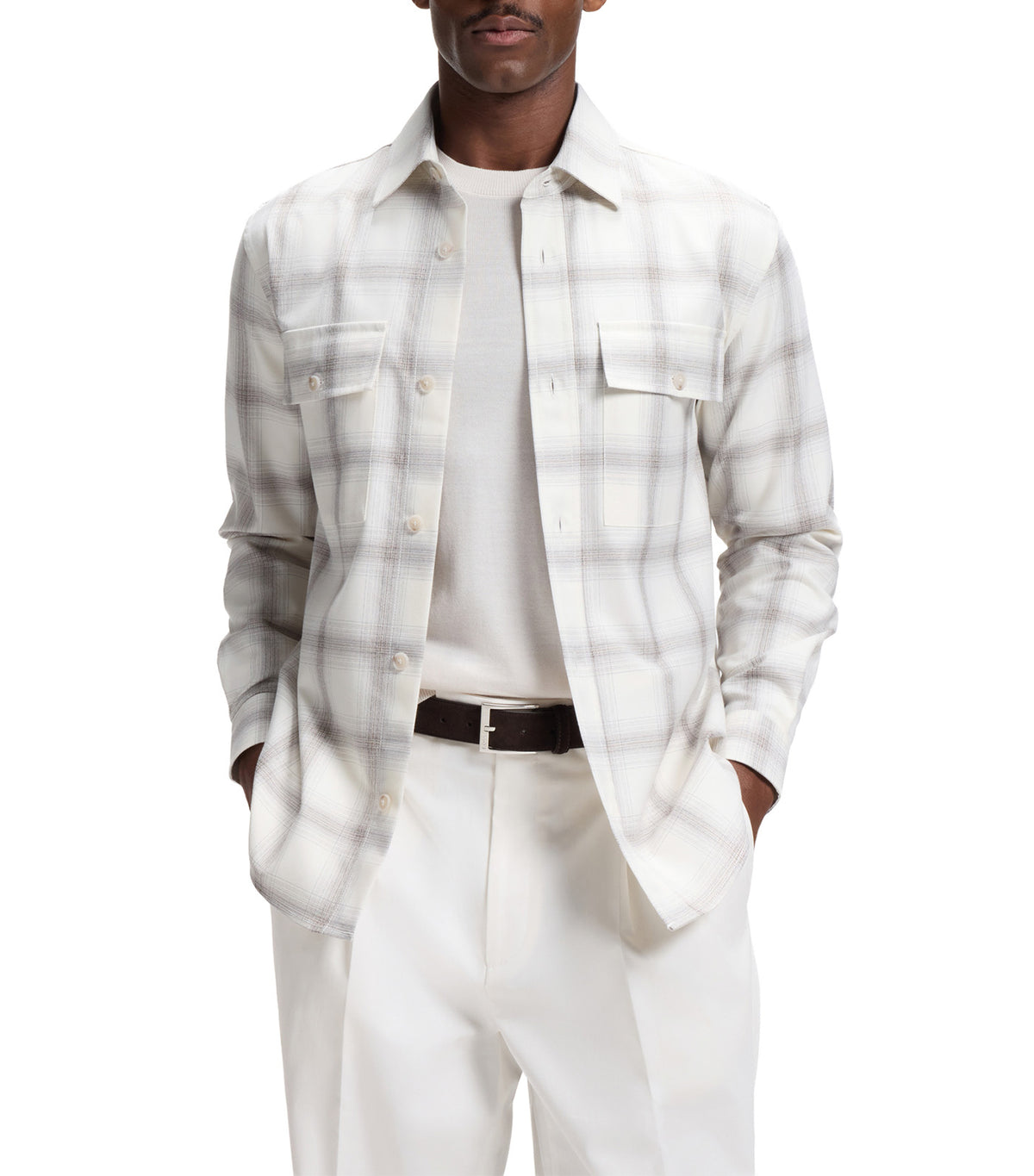 Relaxed-Fit Check Shirt in Virgin Wool Blend Off White