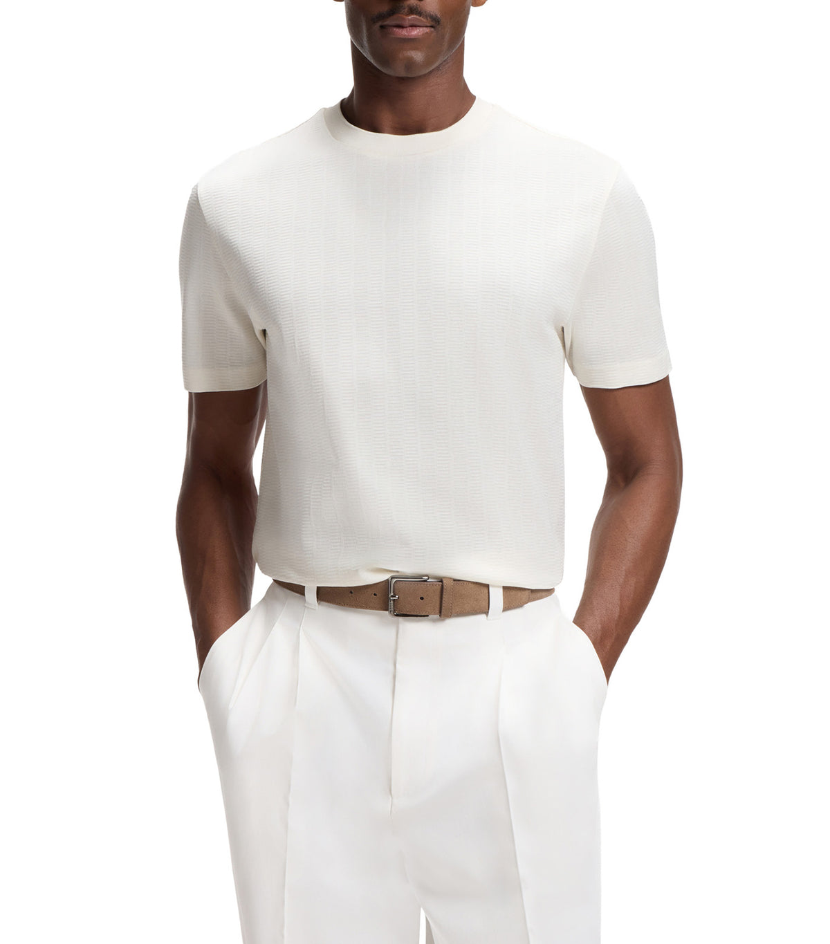 Regular-Fit T-Shirt in Cotton with Raised Jacquard Structure Off White