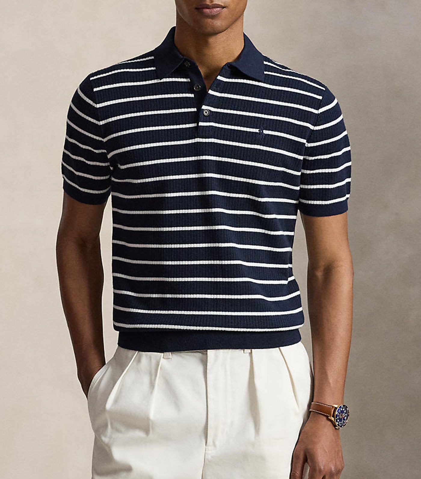 Men's Striped Rib-Knit Cotton Polo Sweater Navy