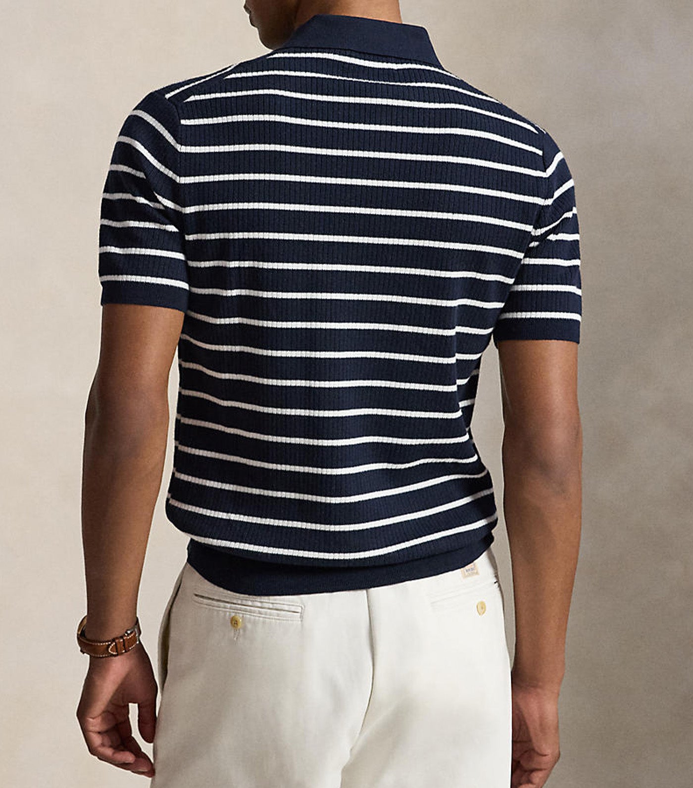 Men's Striped Rib-Knit Cotton Polo Sweater Navy