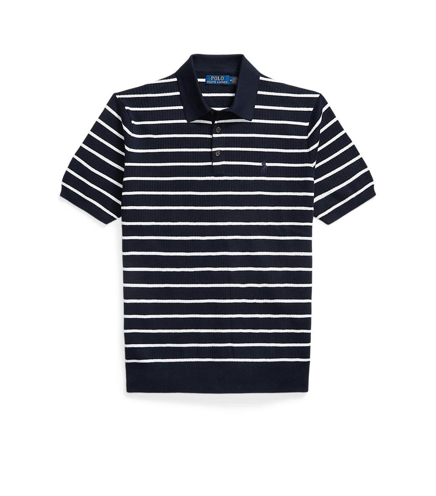 Men's Striped Rib-Knit Cotton Polo Sweater Navy