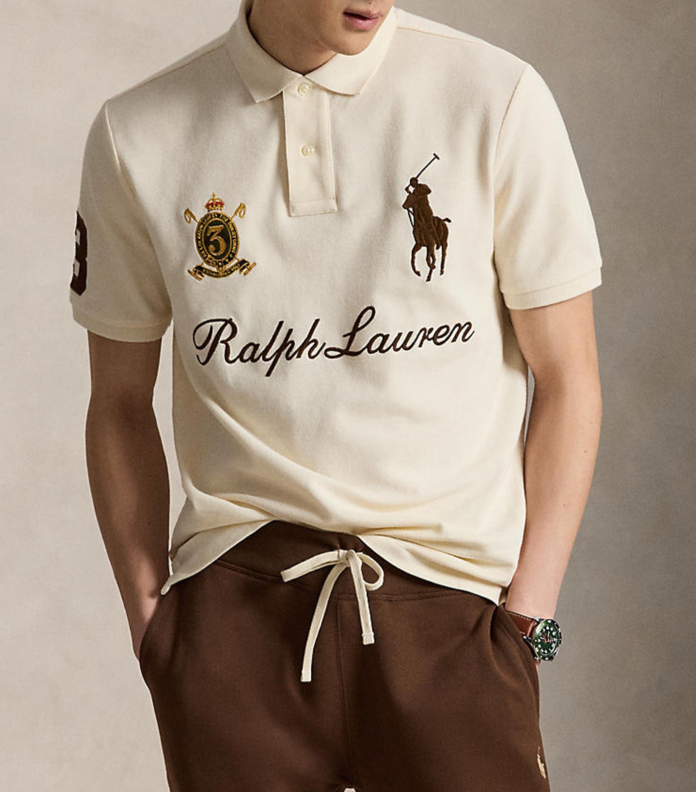 Men's Classic Fit Big Pony Mesh Polo Shirt Beige/Khaki