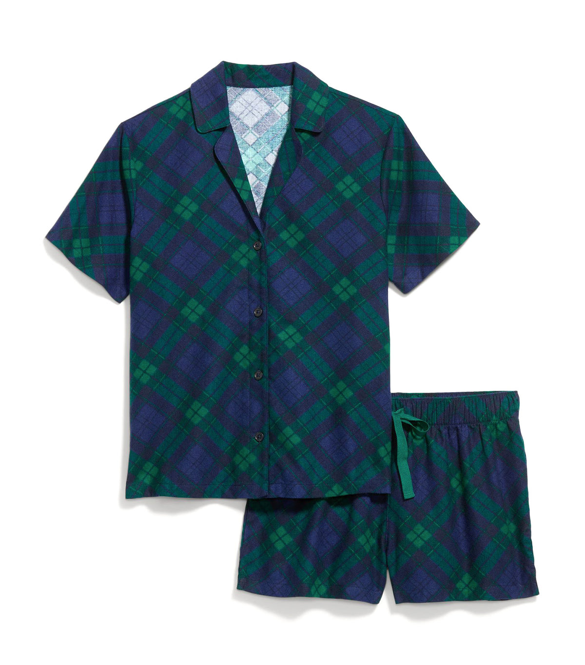 Flannel Pajama Short Set for Women Navy Green Plaid Bias