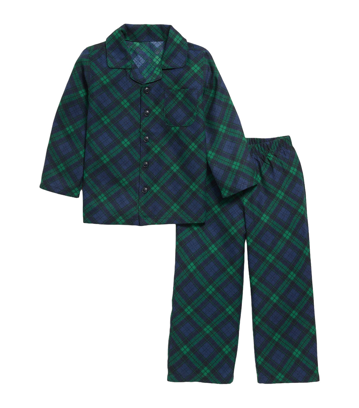 Unisex Flannel Pajama Set for Toddler Navy Green Plaid Bias