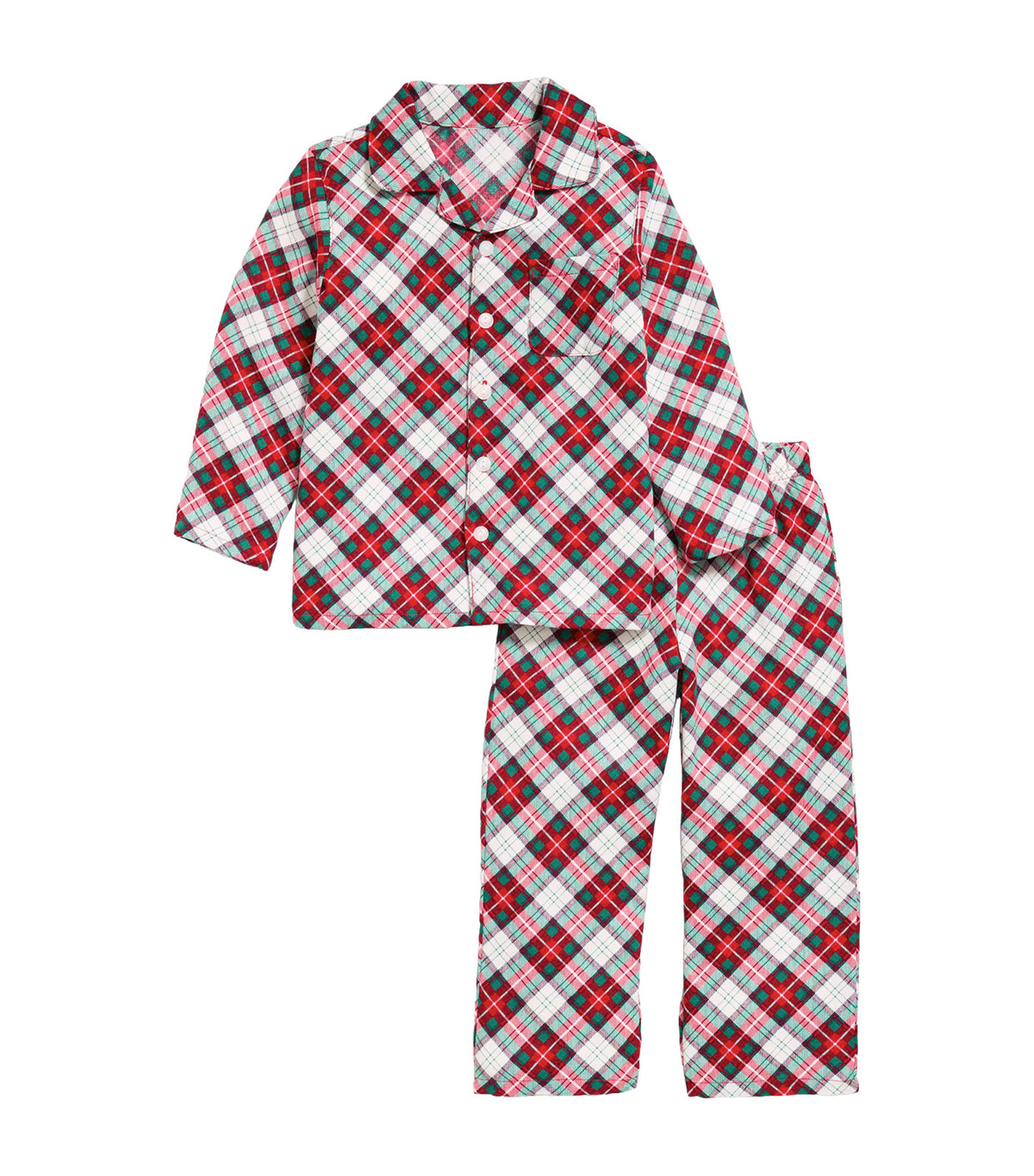 Unisex Flannel Pajama Set for Toddler Red/Green Bias Plaid