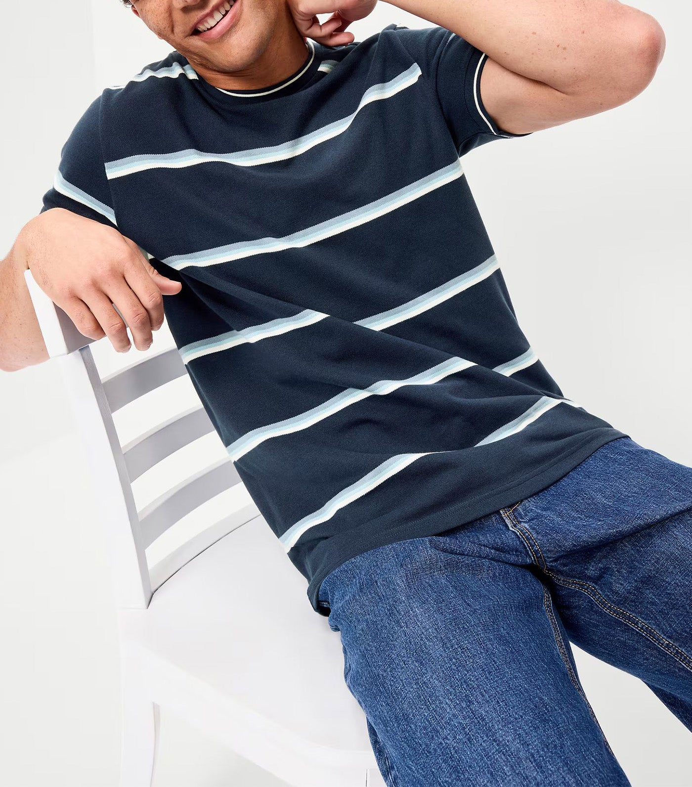 Crew-Neck Pique T-Shirt O.N. White Stripe