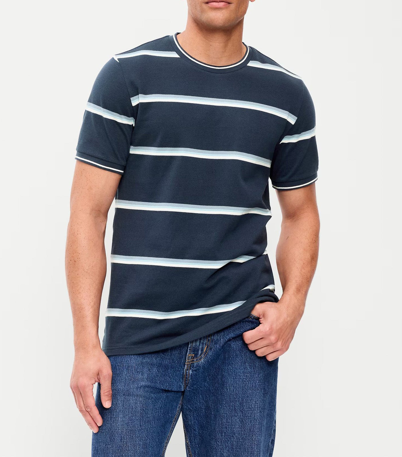 Crew-Neck Pique T-Shirt O.N. White Stripe