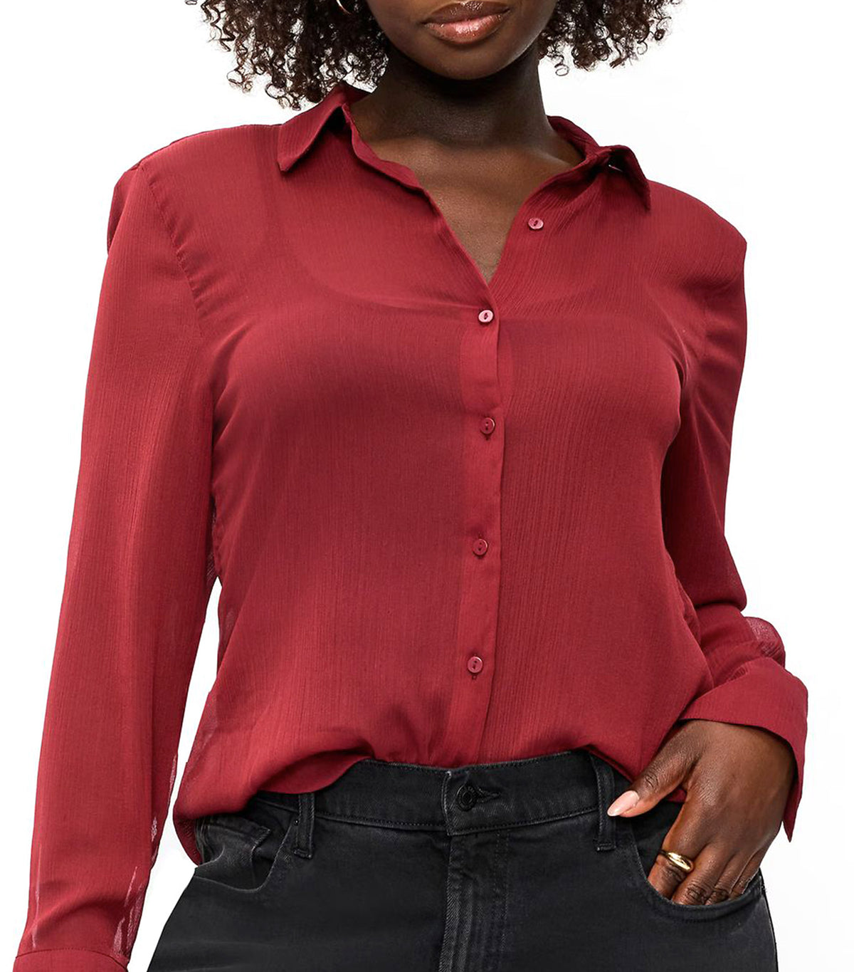 Chiffon Sheer Button-Down Shirt Emberglow
