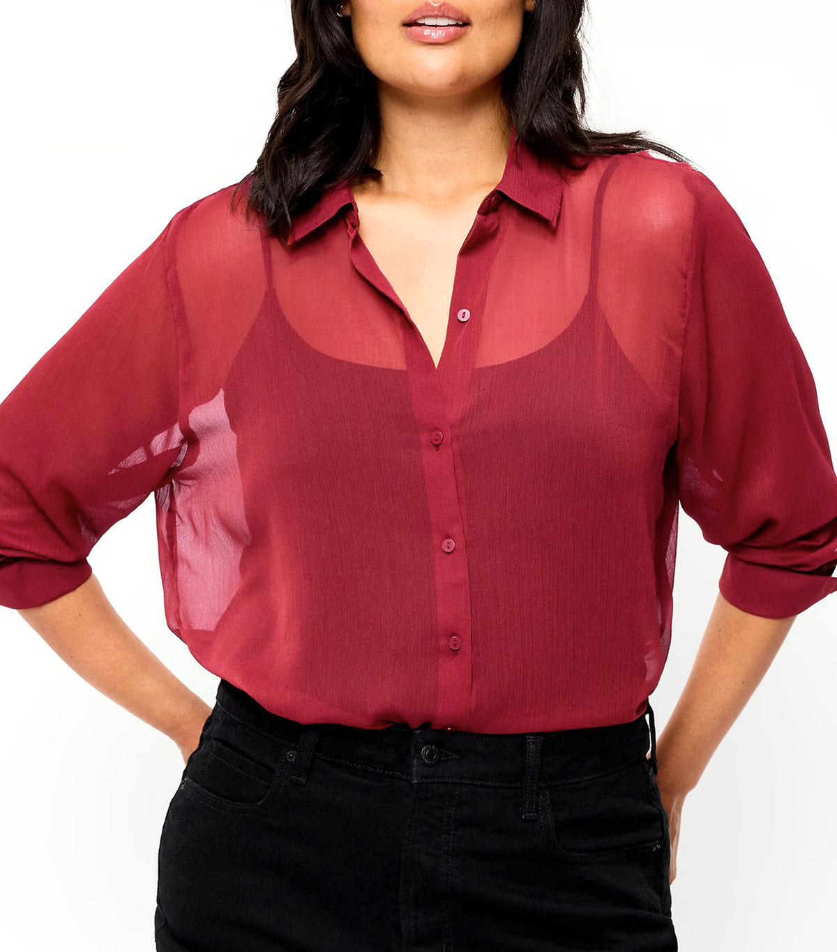 Chiffon Sheer Button-Down Shirt Emberglow