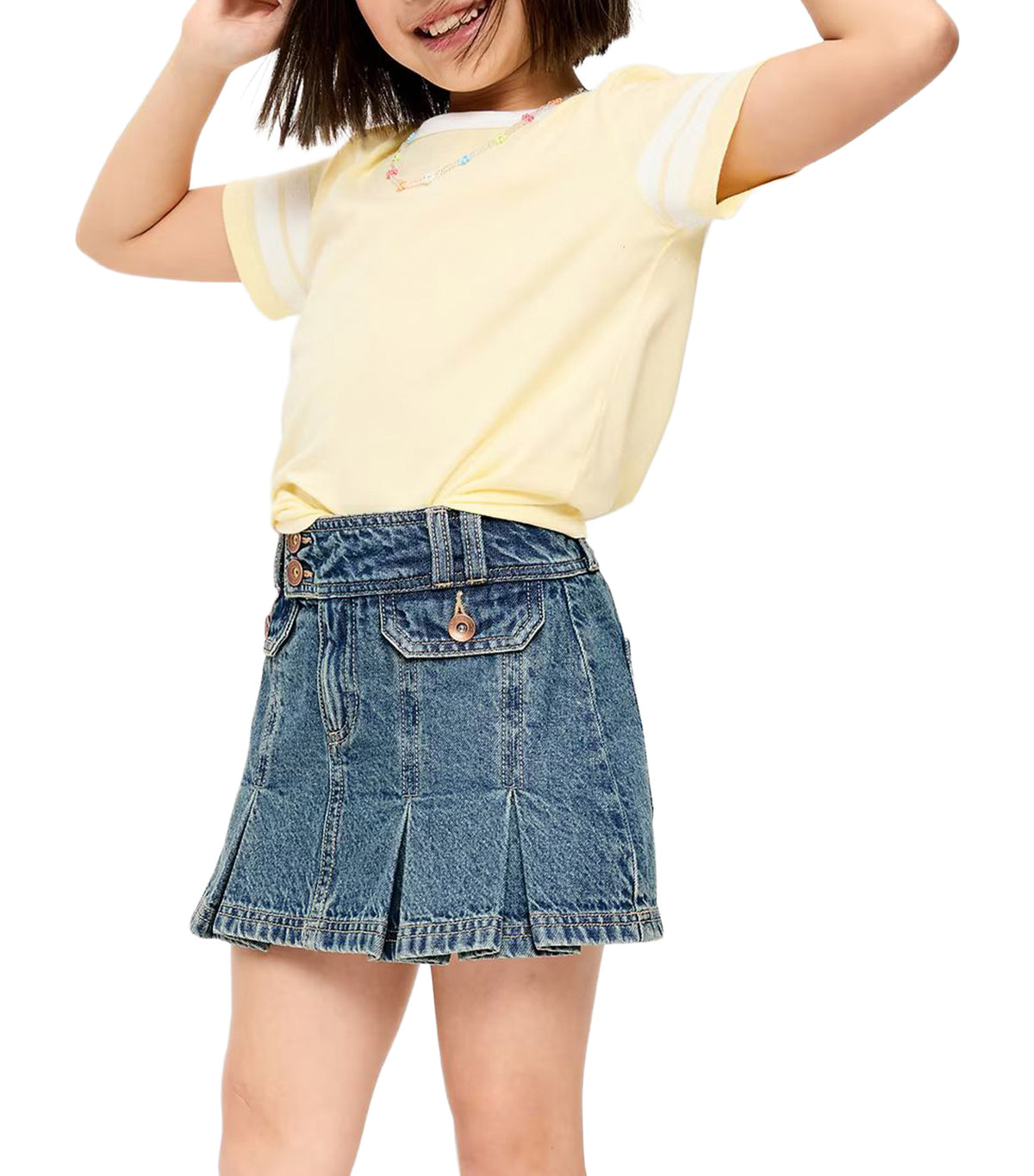 Pleated Utility Denim Skirt for Girls Light Wash