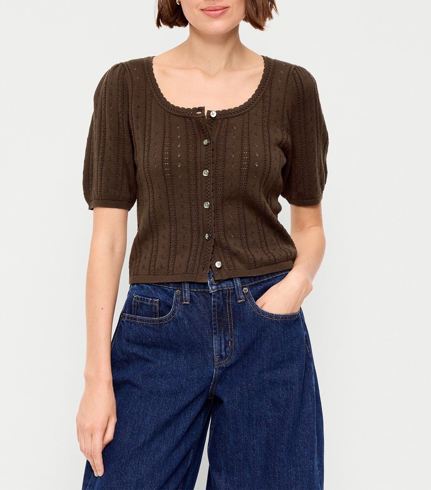 Seaside Cotton Short-Sleeve Button-Down Sweater Earthen