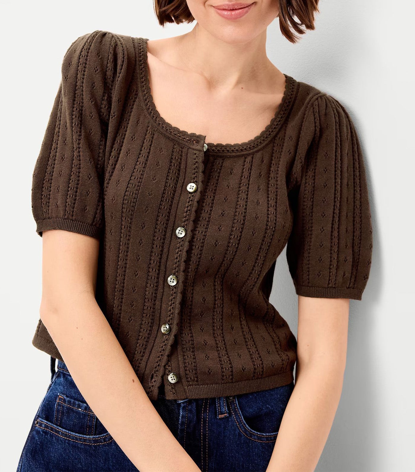 Seaside Cotton Short-Sleeve Button-Down Sweater Earthen