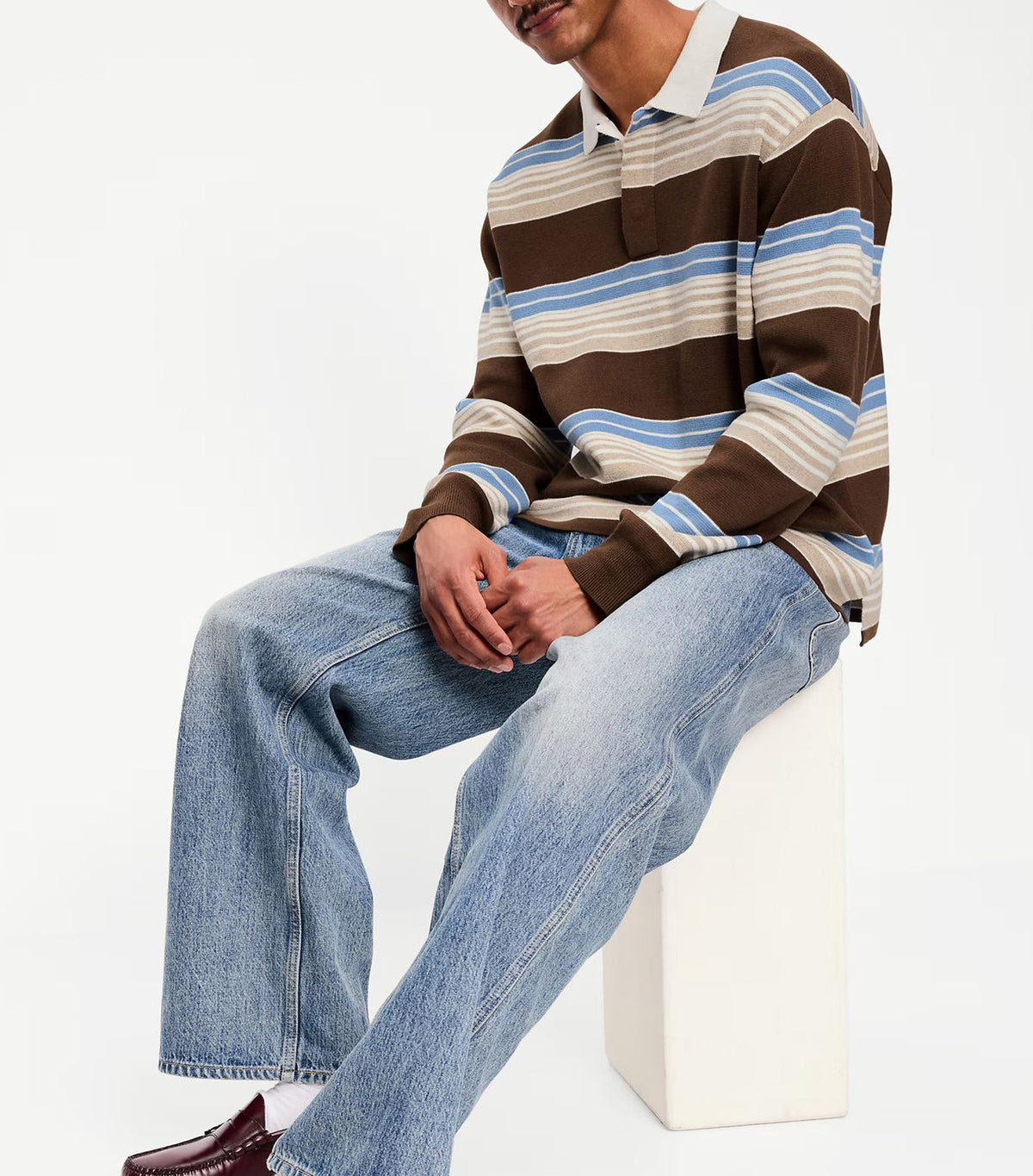 Long-Sleeve Rugby Polo Blue Brown Stripe